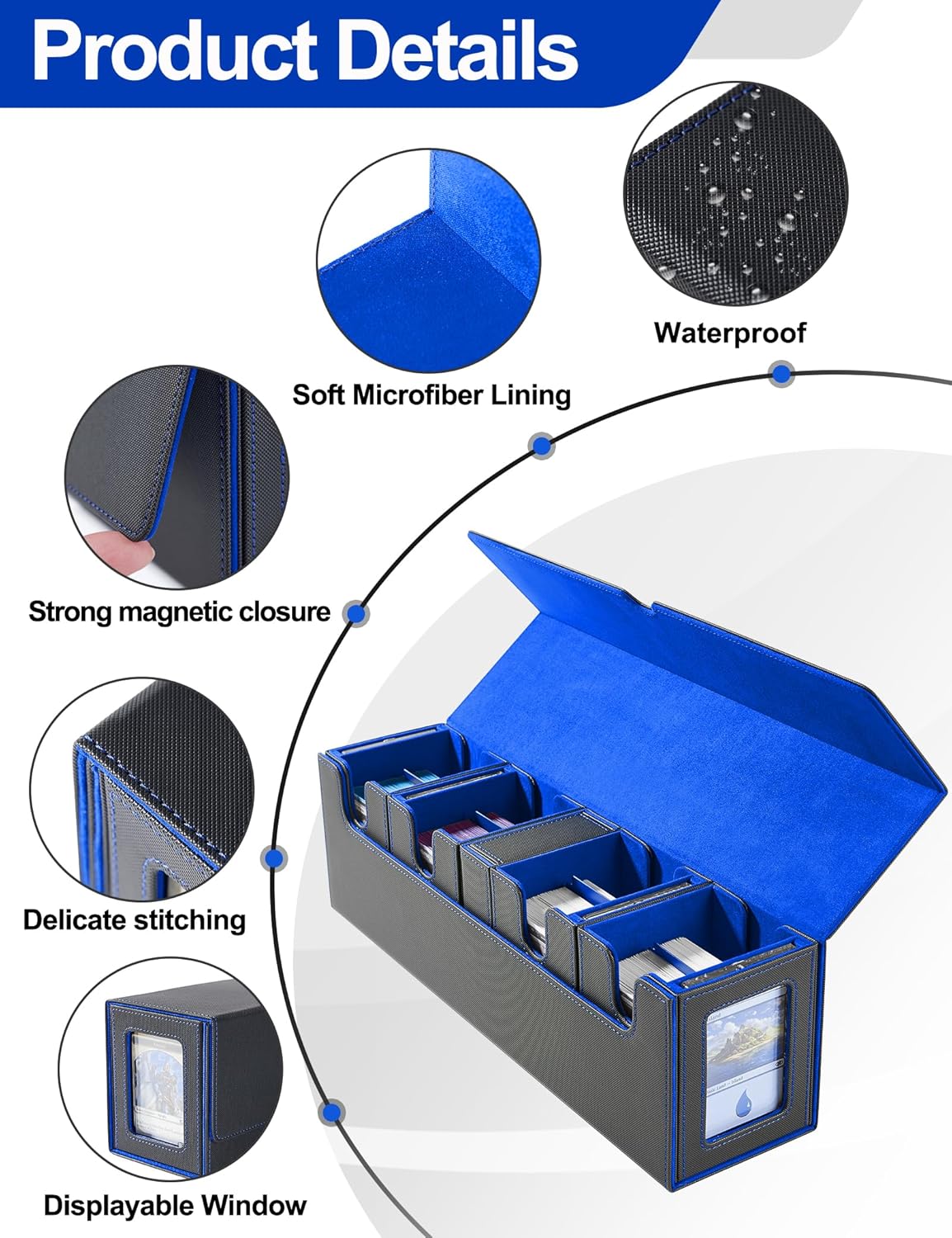 Card Deck Box for MTG with Commander Display, 5 in 1 Card Deck Case Holds 800+ Unsleeved Cards, Strong Magnet Organizer Compatible with Yugioh TCG Sports Cards (Black&Blue)