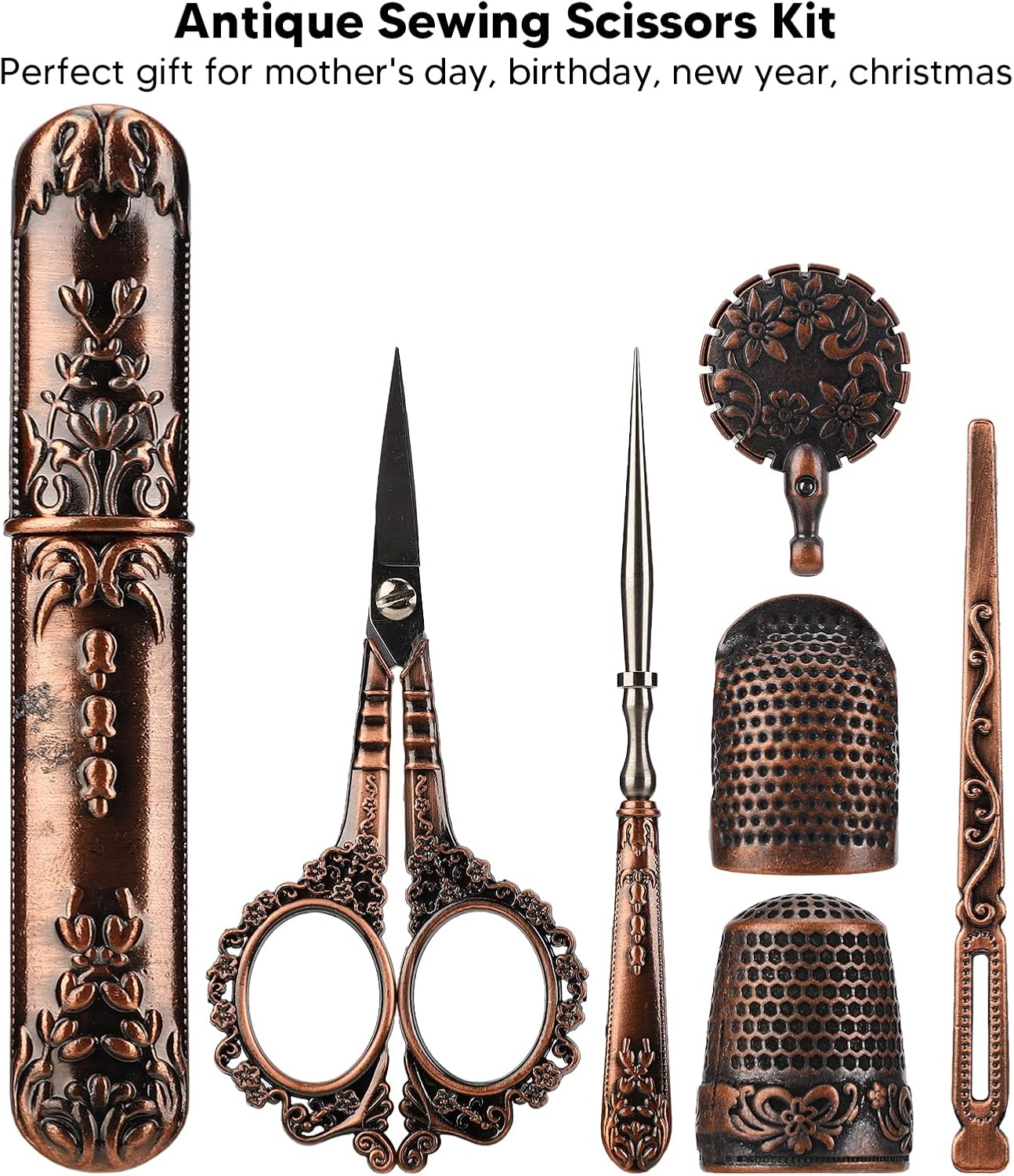 Pssopp Vintage Embroidery Scissors Set, Sewing Tool Kit with Sewing Needle Case Thimble Threader Complete Set for Embroidery and Needlework(Bronze)