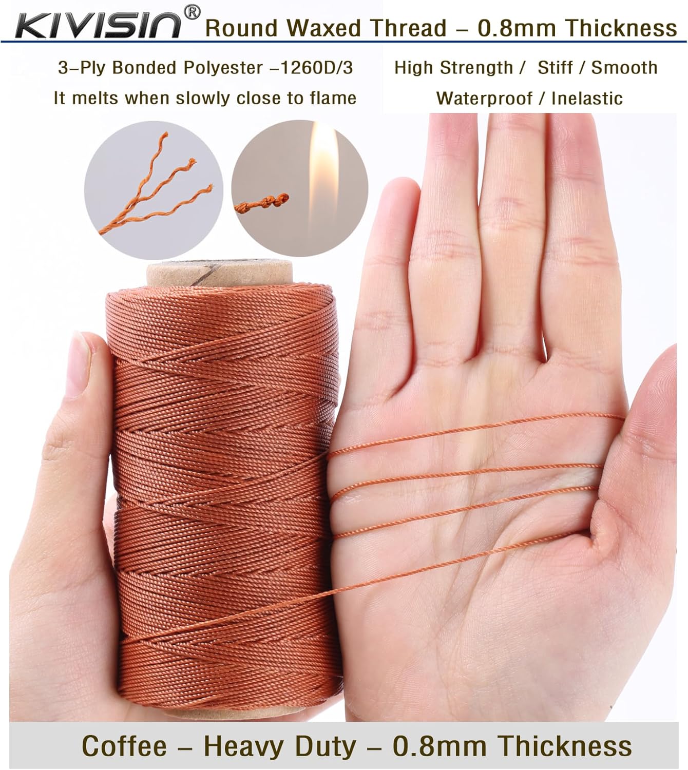 Bonded 0.8mm Round Waxed Polyester Cord, 3-ply Wax Coated Thread, 197 Yards Stiff String for Heavy Duty Fabric, Leather Sewing, Book Binding, Upholstery Repair, and Macrame Jewelry - Coffee