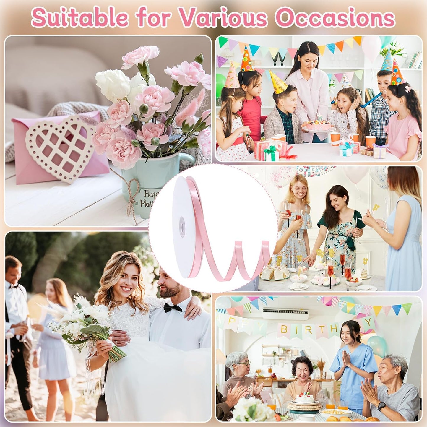 120 Yards Pink Ribbon 3/8 Inch Craft Thin Satin Ribbons for Cake Bows Lei Hair Scrapbook Gift Wrapping Wedding Party Card Christmas Decorations