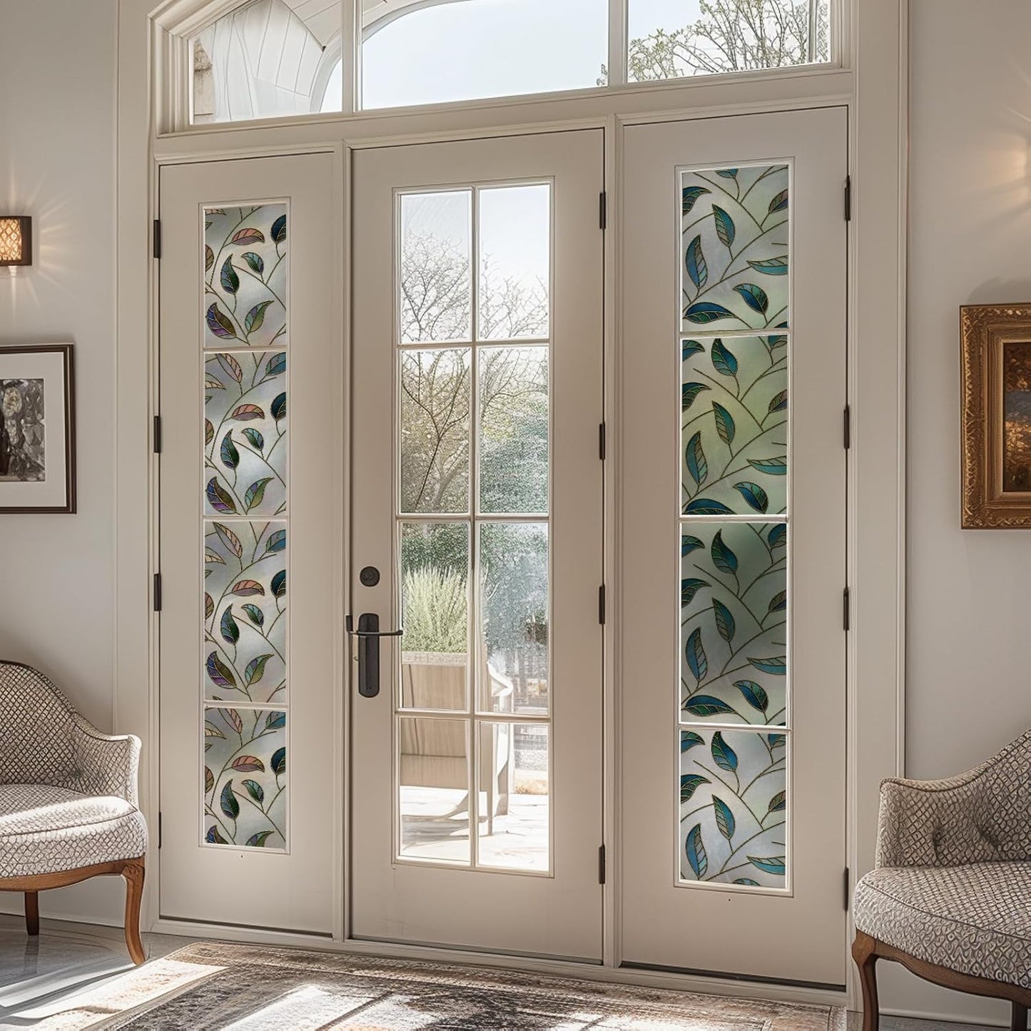 DKTIE Static Cling Decorative Window Film Vinyl Non Adhesive Privacy Film with Installation Kit, Multilayer UV Inkjet Technology, 3D Thickened Stained Film, Vintage Leaf Pattern, 17.7 x 78.7 Inches