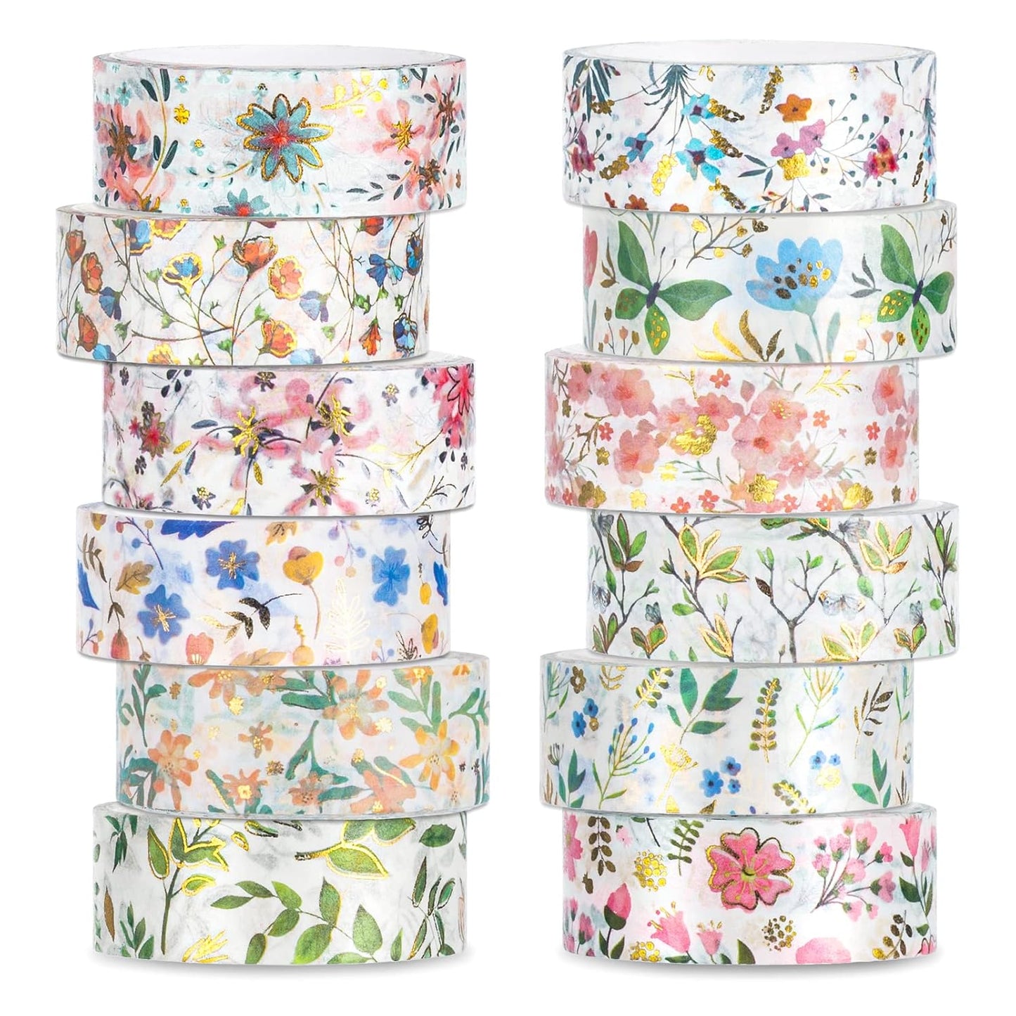 Whaline 12 Rolls Spring Floral Washi Tape Foil Gold Colorful Flowers Masking Tape 15mm Watercolor Plants Spring Decorative Washi Tape Sticker for Holiday Scrapbook Journal DIY Craft Gift Wrapping