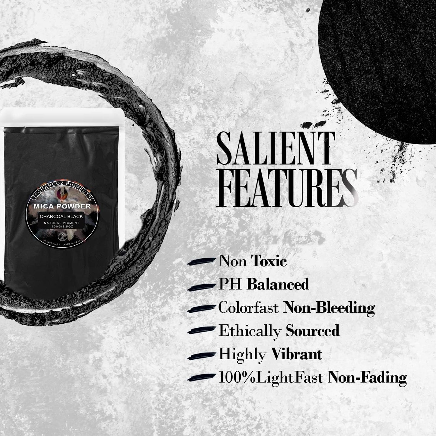 Charcoal Black Mica Powder for Epoxy Resin 100g / 3.5oz. Sealed Bag - TECHAROOZ 2 Tone Resin Dye Color Pigment Powder for Lip Gloss, Nails, Colorant for Slime Bath Bombs Soap Making & Polymer Clay