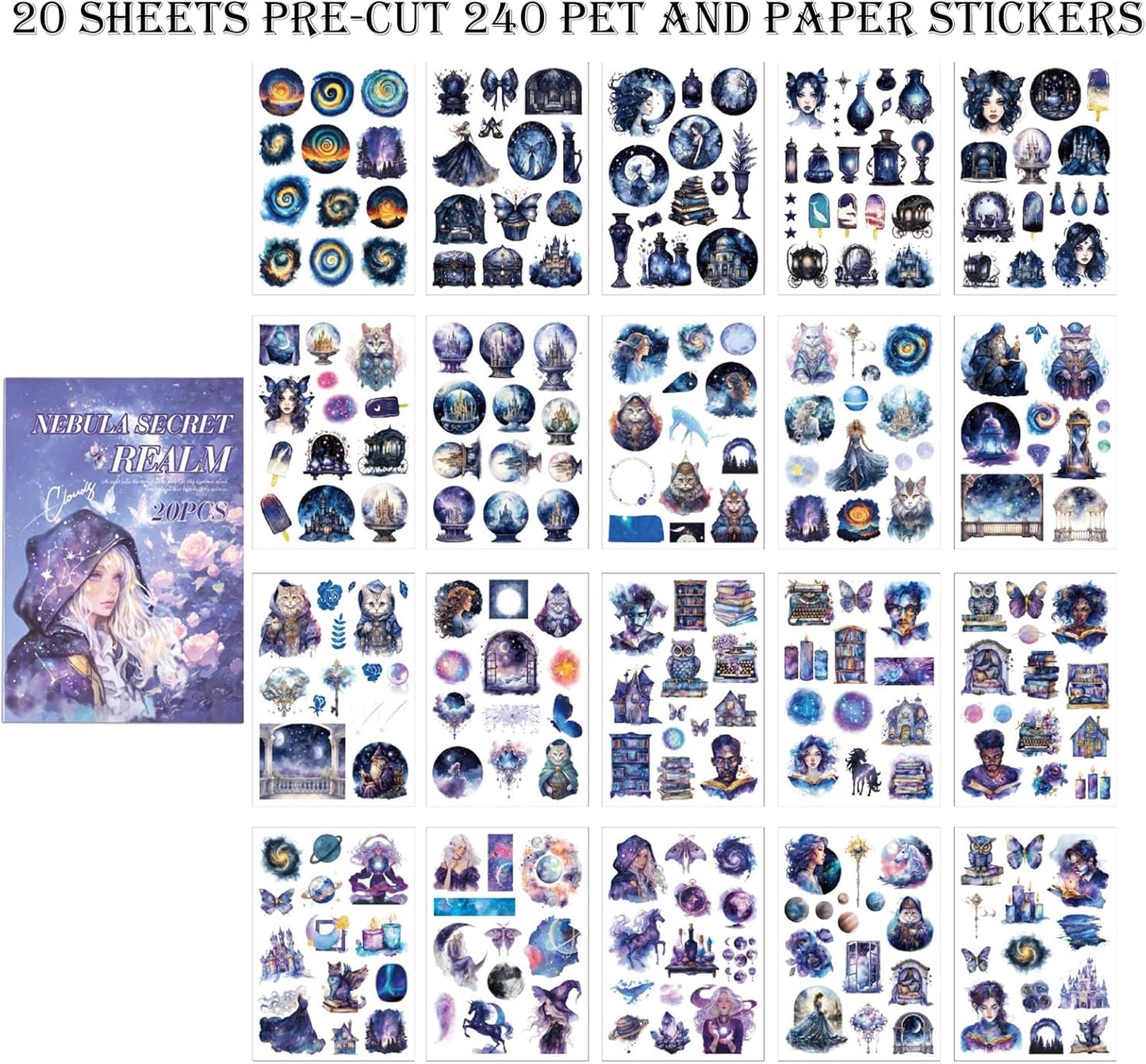 Fantasy Magic Scrapbook Stickers 20 Sheets 240 Pre-Cut Washi Stickers for Journaling PET Transparent Book Sticker Decorative or DIY Paper Crafts, Arts and Crafting Projects