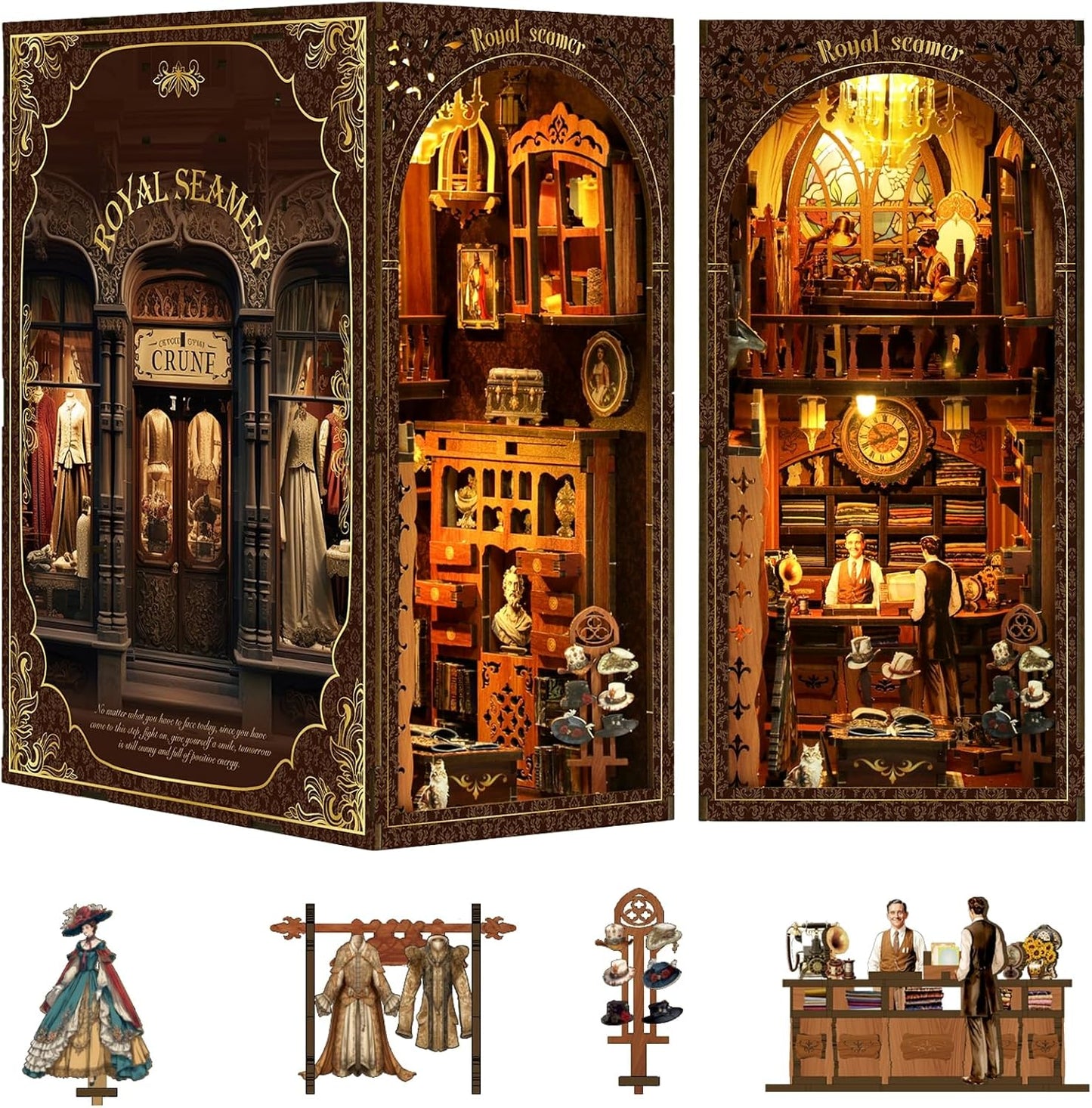 Book Nook Kit for Adults with Dust Cover & LED Light, DIY Miniature House Kit 3D Printed Booknook Wooden Puzzle Dollhouse Bookshelf Insert DIY Craft Model Build Gift for Birthdays, Royal Seamer