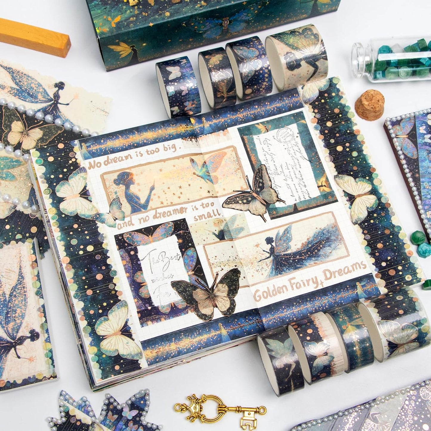 14 Rolls Washi Tape Set - Gold Foil Green Fairy Decorative Masking Tape Butterfly, Fairy, Star, Magic, Adhesive Tape for Bullet Journal,DIY Craft,Scrapbooking Supplies,Gift Wrapping