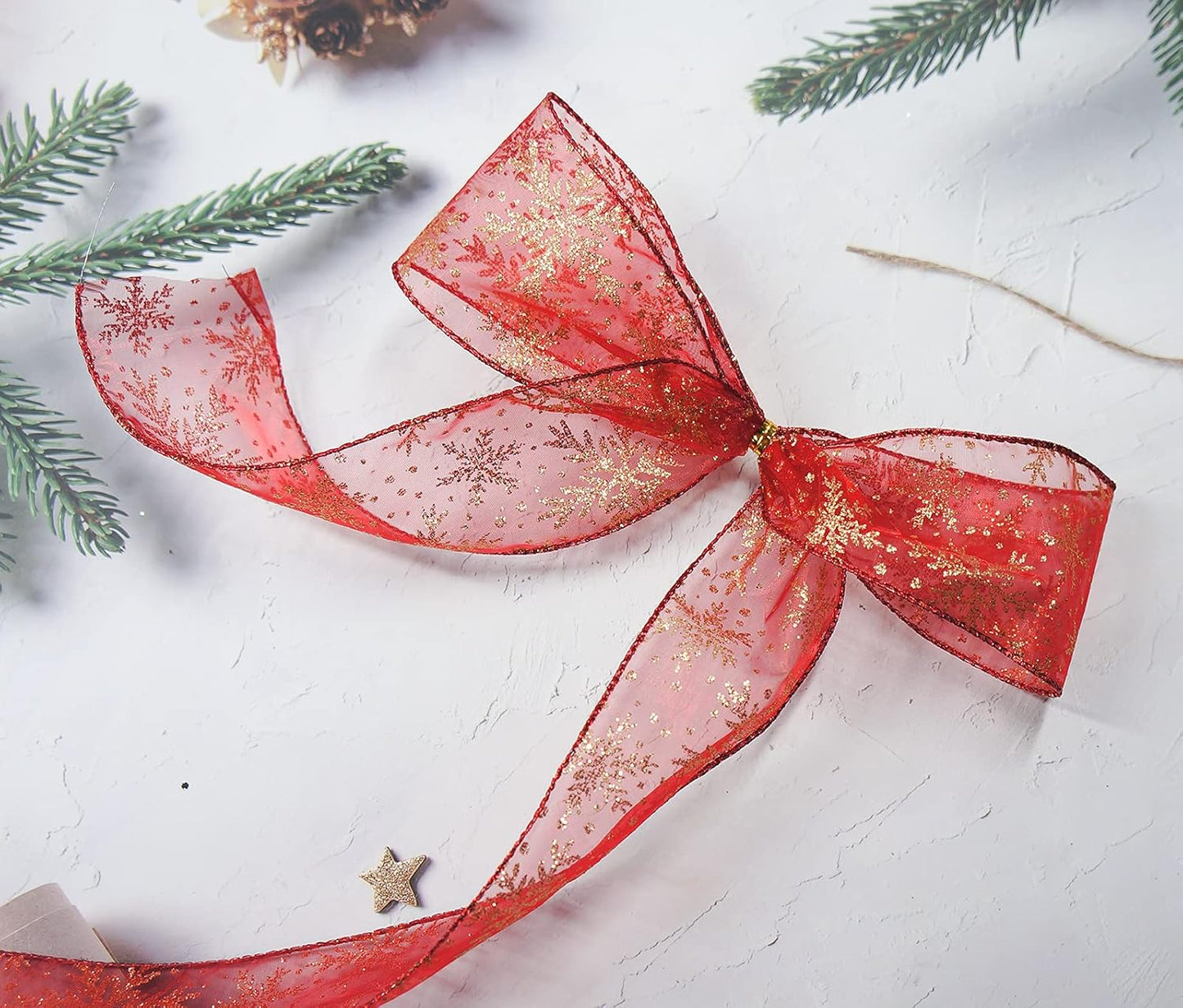 CT CRAFT LLC Organza with Red Glitter Snowflakes Wired Ribbon 2.5 inch x 50 Yards for Christmas Home Decor Tree Topper Bow Gift Wrapping DIY Crafts Wreath Garland Wedding