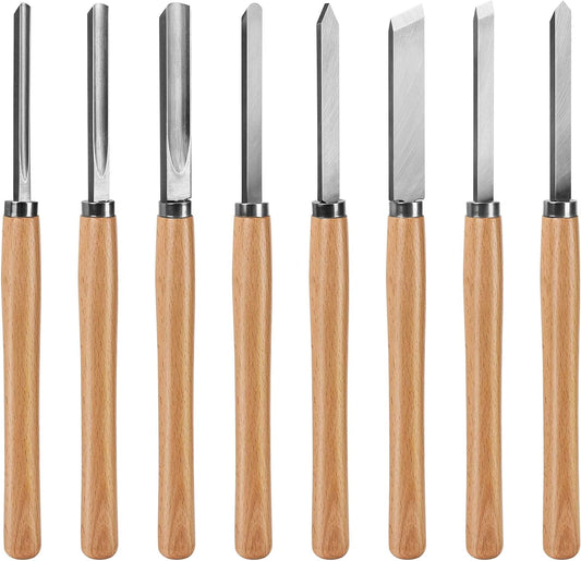 HAUTMEC Professional Wood Turning Chisel 8 pcs Set, Lathe Chisel Set with 2 Skew 1 Spear Point 1 Parting 1 Round Nose & 3 Gouge Tools for Beginners, Hobbyists and Professionals HT0237-WW