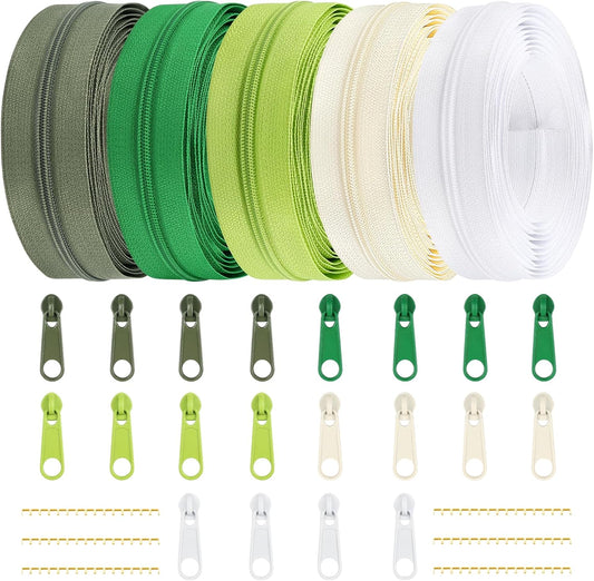 DOITEM 15.3 Yards/ 14 m 5 Pieces Assorted Colors #3 Nylon Coil Zippers, Sewing Zippers Endless Zips with 20 Pieces Zipper Sliders Zip Heads for DIY Sewing Tailor Craft Supplies (Green White)