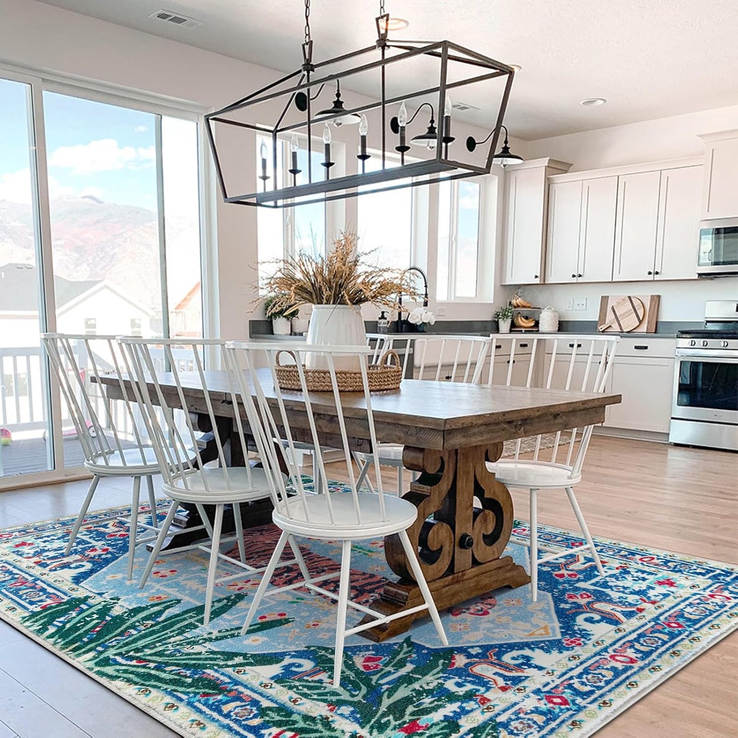 Washable Blue Rugs Thin Oriental Boho Vintage Tropical Jungle 6x9 Area Rugs for Bedroom Kitchen Dining Living Room Office Distressed Indoor Plant Entry Carpet