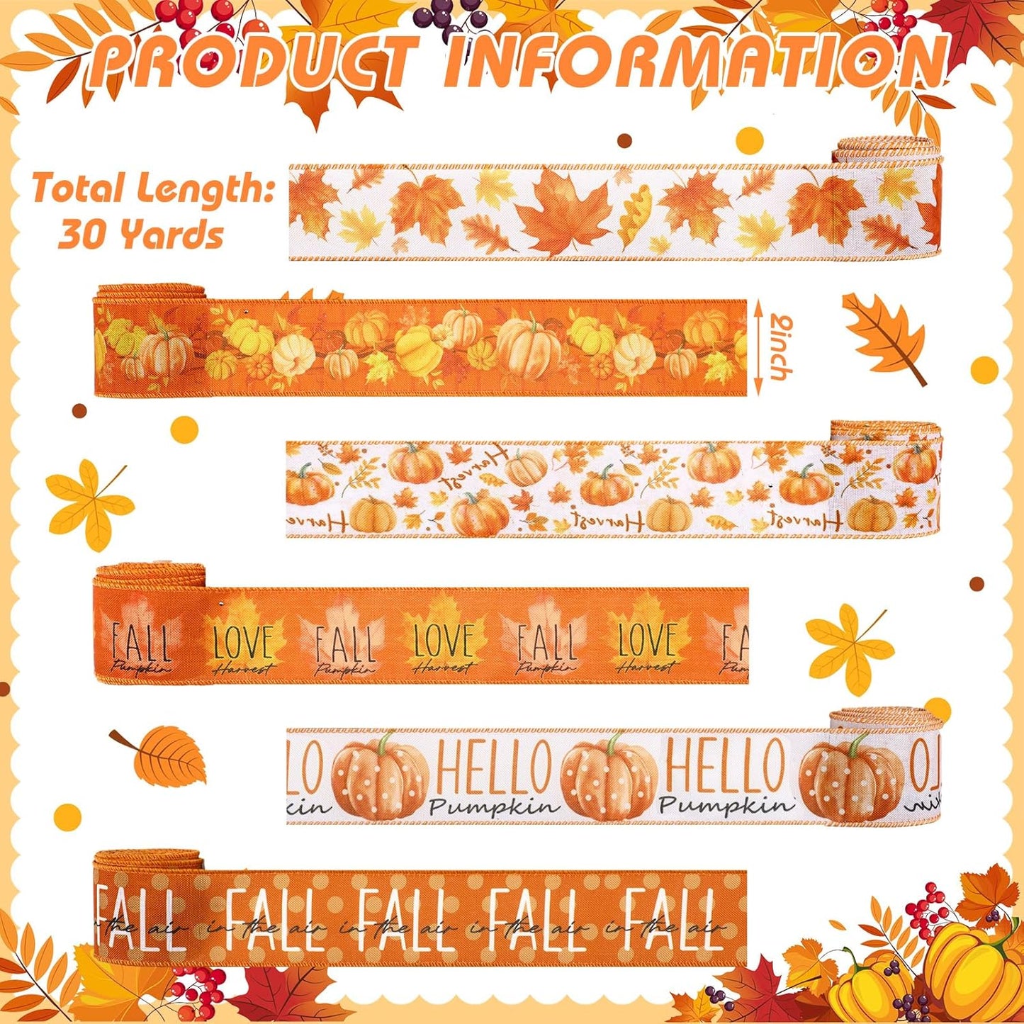 12 Rolls Fall Wired Edge Ribbon for Wreaths 2 Inch x 60 Yards Maple Leaves Pumpkin Burlap Ribbon Thanksgiving Plaid Crafts for Autumn Harvest Party Decoration Supplies, 12 Styles