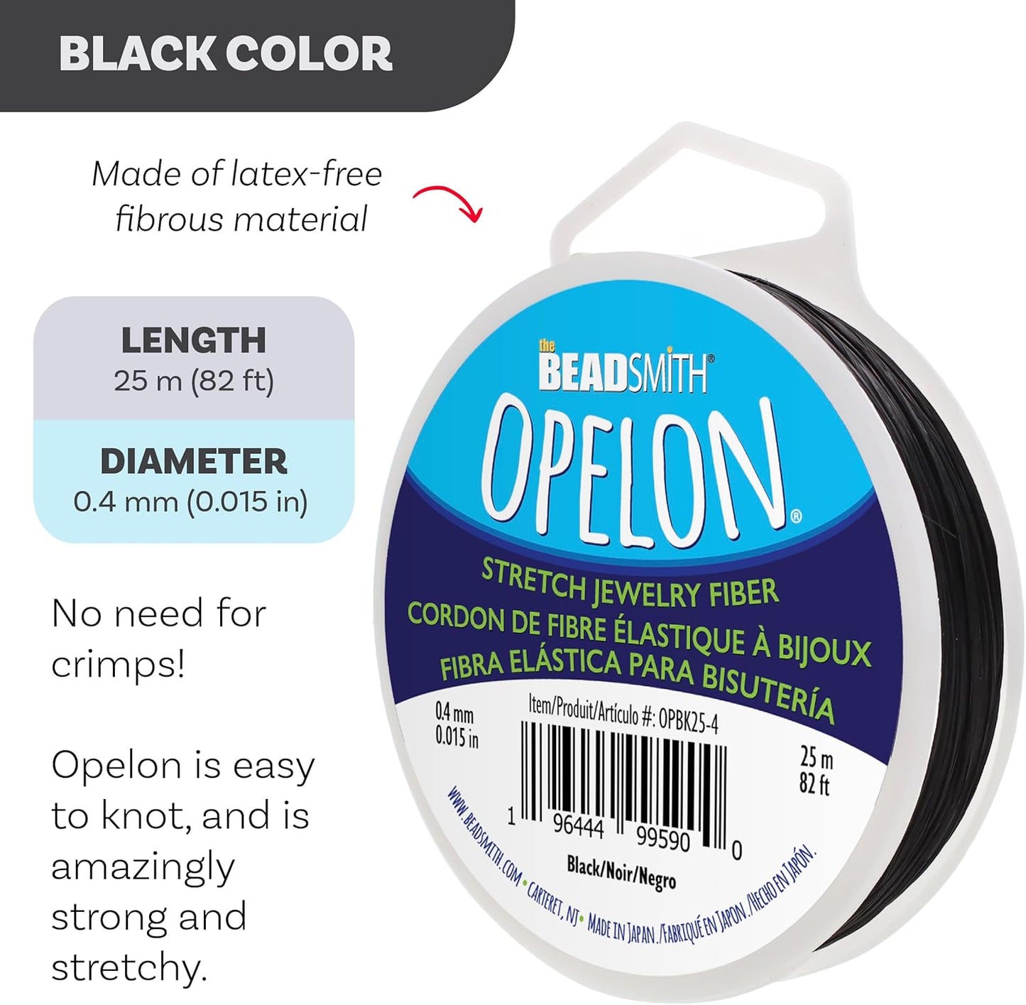 The Beadsmith Opelon Stretch Cord – Elastic Beading Fiber, Black, 0.4 mm Diameter, 25 Meters (82 ft) Spool