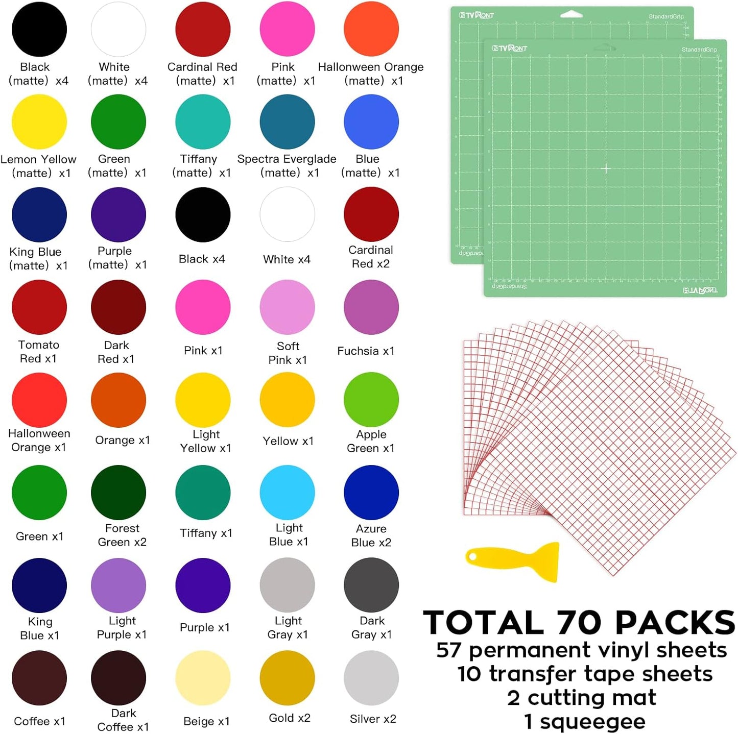 HTVRONT 70 Pack Vinyl for Cutting Machine, 57 Sheets 12" X 12" Permanent Adhesive Vinyl Sheets & 2 Cutting Mat & 10 Transfer Paper Permanent Bundle