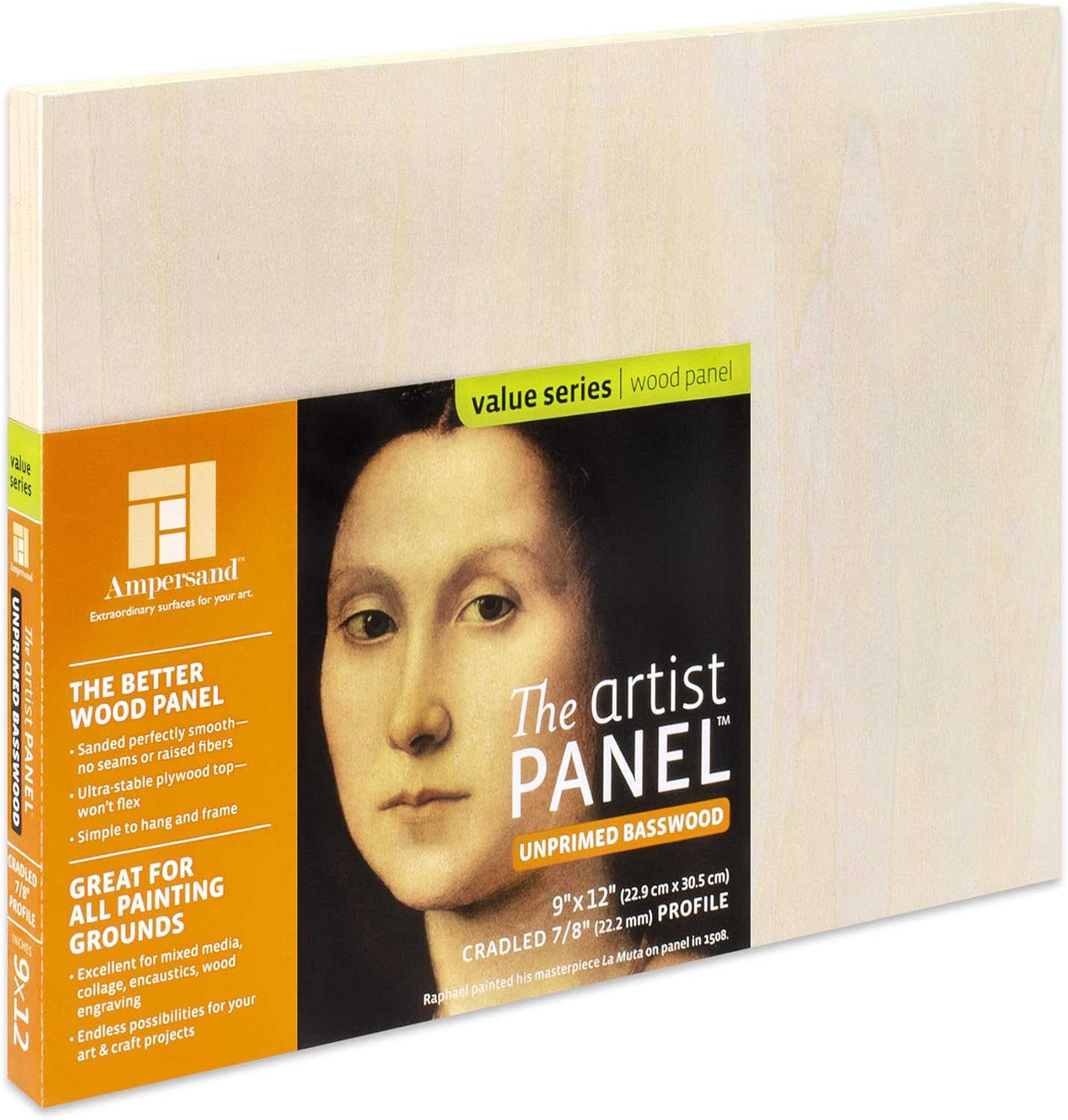 Ampersand Art Supply Unprimed Basswood Artist Panel, 7/8" Cradled Profile, 9"x12"