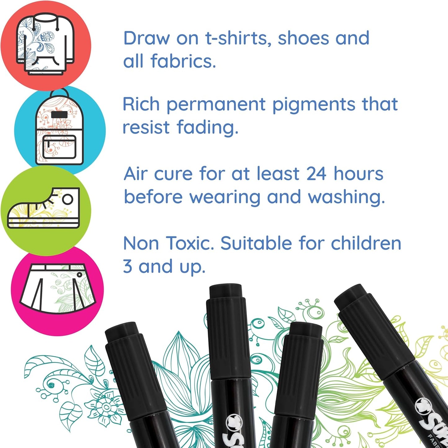 Super Markers Black Dual Tip Fabric & T-Shirt Markers, Set of 6 - Double-Ended with Chisel Point and Fine Point Tips - Permanent Vibrant Ink - Outline Clothing Designs Decorate Clothes