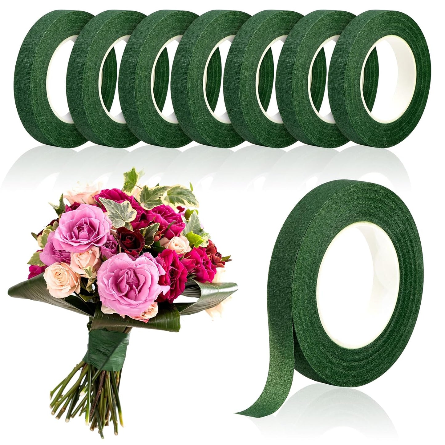 8 Rolls Floral Tape, 1/2" Wide Flower Tape, Dark Green Floral Tape for Fresh Flowers, Adhesive Florist Tape for Floral Crafts, Bouquet Floral Arranging Stem Wrapping, Wedding Bouquet, 30Yard