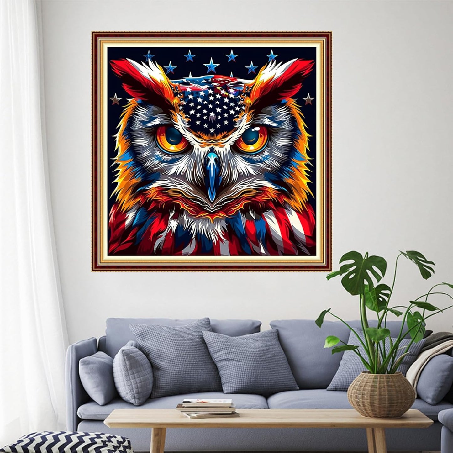 Funchey Stamped Cross Stitch Kits, DIY Cross Stitch Pattern for Adults Beginners Needlepoint Kits Embroidery Kit Arts and Crafts 11CT-National Flag Owl 18x18 inchs