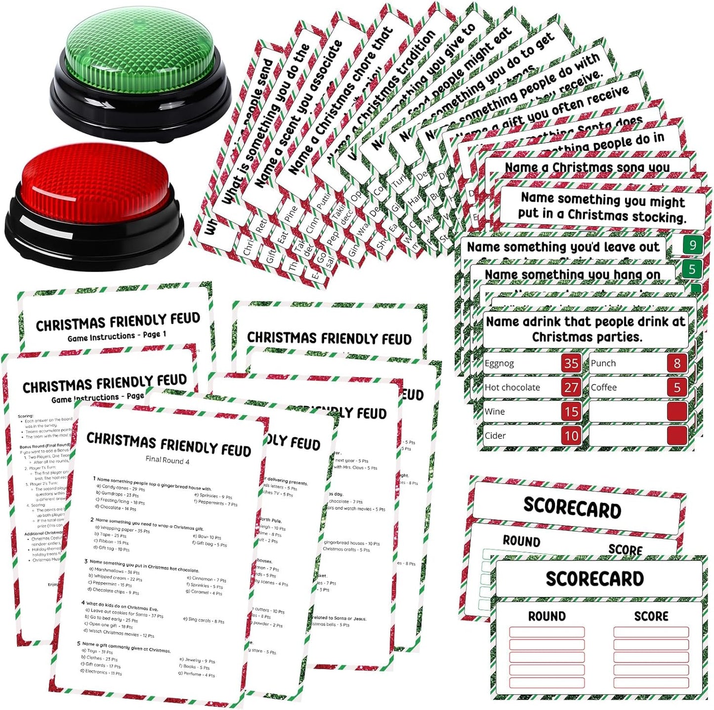Christmas Friendly Feud Game with 2 Answer Buzzers, Holiday Feud Cards for Family Game Night Fun Trivia Quiz for Xmas Party Office Class Groups Team Building