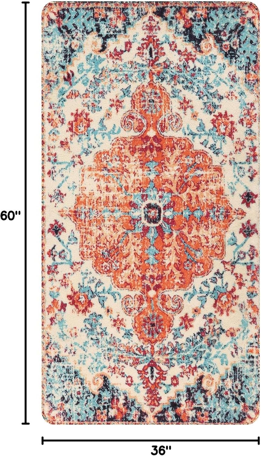 Lahome Bohemian Floral Medallion Area Rug - 3x5 Bedroom Rug Soft Throw Printed Bathroom Kitchen Entry Foyer Mat, Vintage Non-Slip Washable Carpet for Front Door Laundry Room Bath Office, Orange