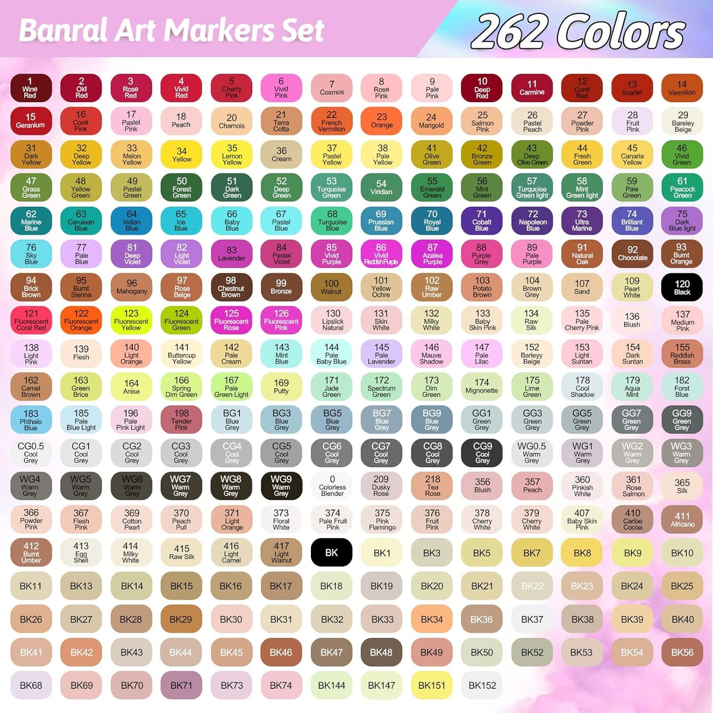 Banral 262 Colors Dual Tip Alcohol Based Markers, Twin Sketch Art Marker Set for Artists Adult Coloring Drawing Sketching Card Making Illustration, Premium Brush Pens with Case