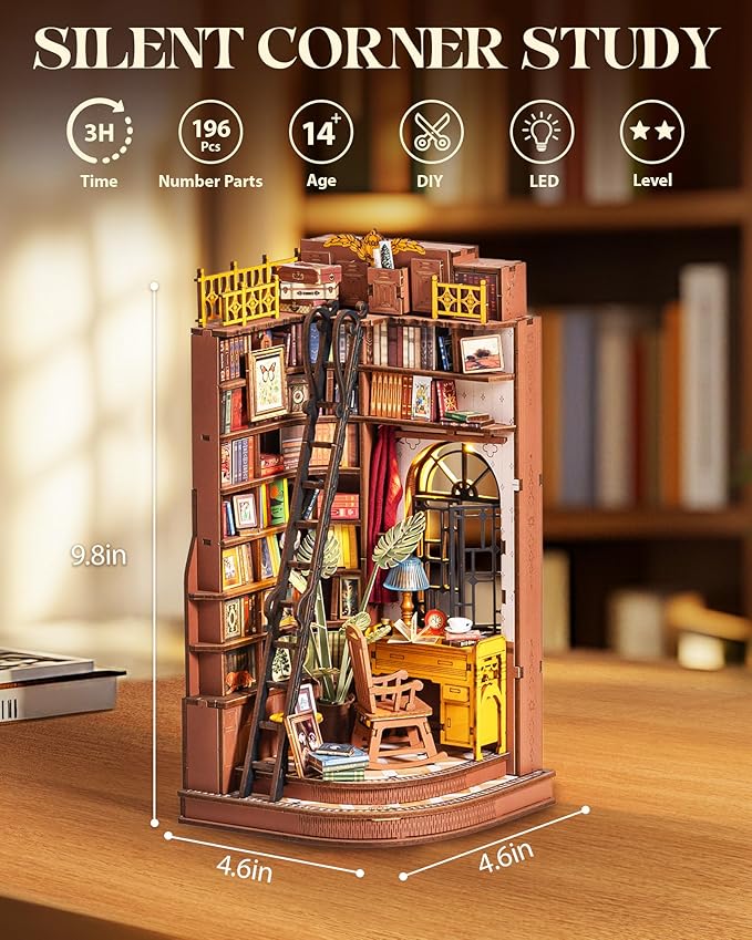 Rolife DIY Book Nook Kits for Adults, Miniature Dollhouse Booknook Kit, 3D Wooden Puzzle Creative Decorative Bookends Bookshelf Diorama Insert Crafts Hobbies Gifts (Silent Corner Study)