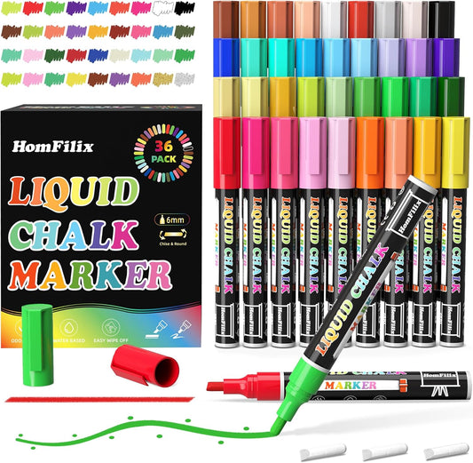 36-Color Liquid Chalk Markers Set, Erasable, Dust-Free, for Blackboard, Glass, Cars, Windows - Ideal for Teaching, Display, Creativity, Paint Pens, Dry Erase Markers