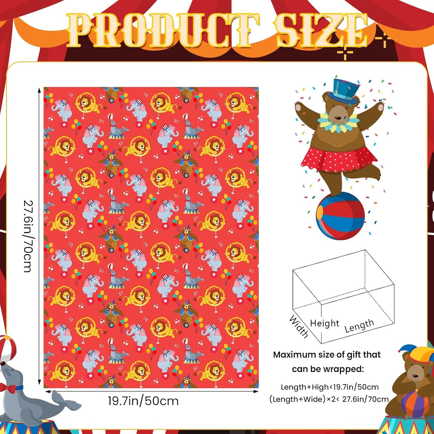 Pineraap 12 Sheets Circus Wrapping Paper, Cute Circus Acrobatic Clown Ferris Wheels Balloon Tent Pattern Folded Gift Packing Paper for Birthday, Baby Shower, Parties, Gifts, Crafts, 20 x 28 inch