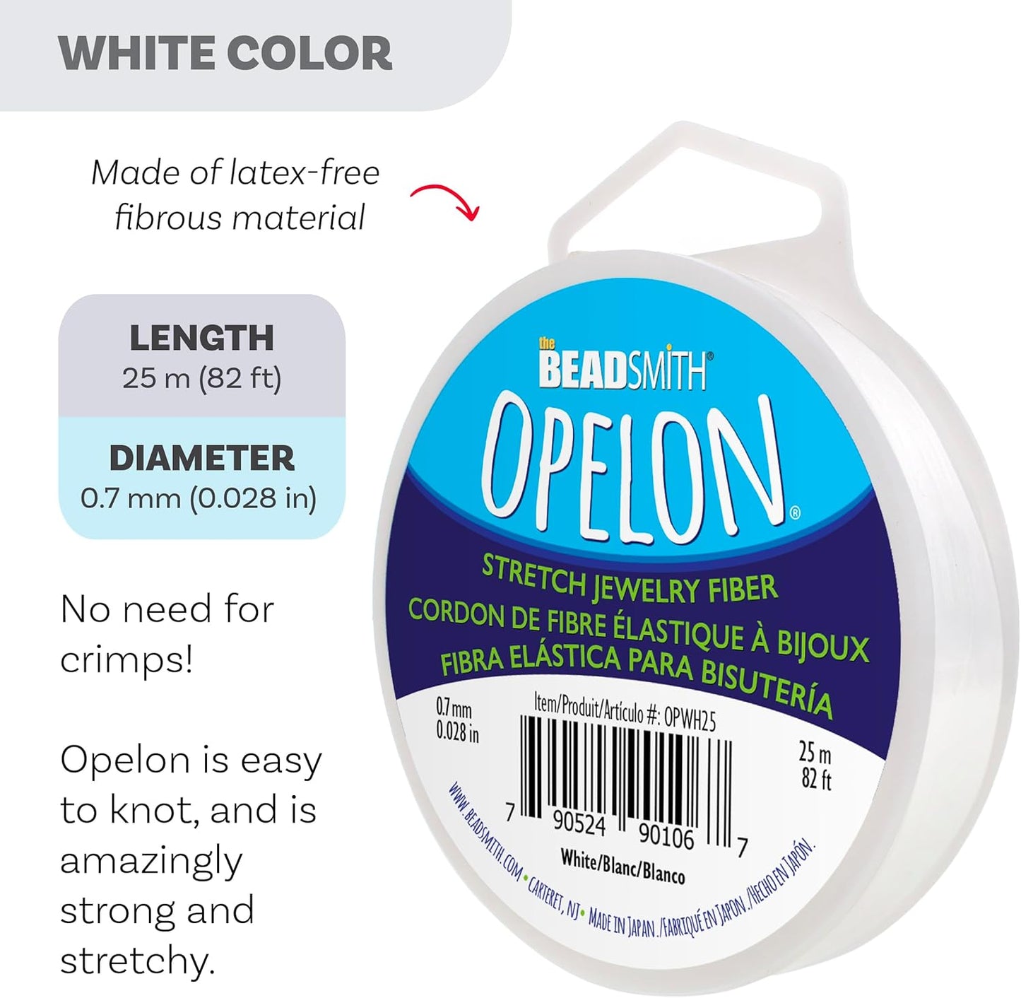 The Beadsmith Opelon Stretch Cord – Elastic Beading Fiber, White, 0.7 mm Diameter, 25 Meters (82 ft) Spool