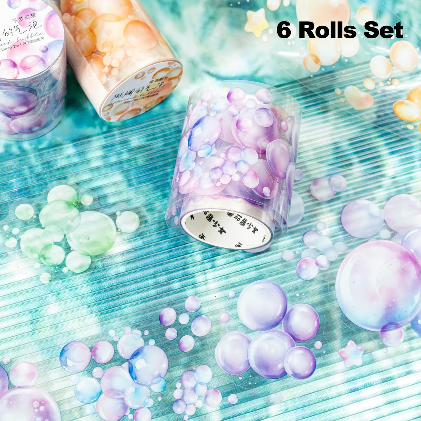6 Rolls Bubbles PET Tape Set, Pre-Cut Colorful Stickers for Journaling, Scrapbooking, and DIY Crafts, with Decorative Clip