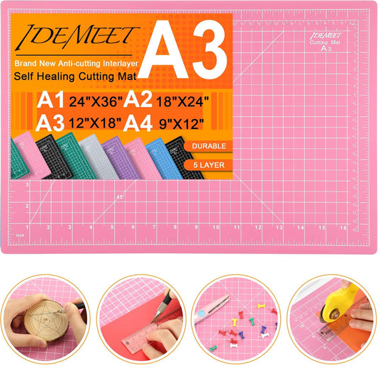 Density-upgraded 18"x12" Self Healing Cutting Mat, Idemeet Rotary Sewing Mat for Crafts, 5-Ply Blade Table Protector Cut Board for Fabric Leather Cutting Quilting Modeling Hobby Project, A3, Pink