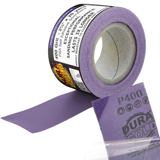 Dura-Gold Premium 400 Grit PSA Purple Film Ceramic Longboard Sandpaper, 2-3/4" Wide Continuous 20 Yard Roll - Self Adhesive Stickyback for Auto & Wood Air File Long Board Sanders, Hand Sanding Blocks