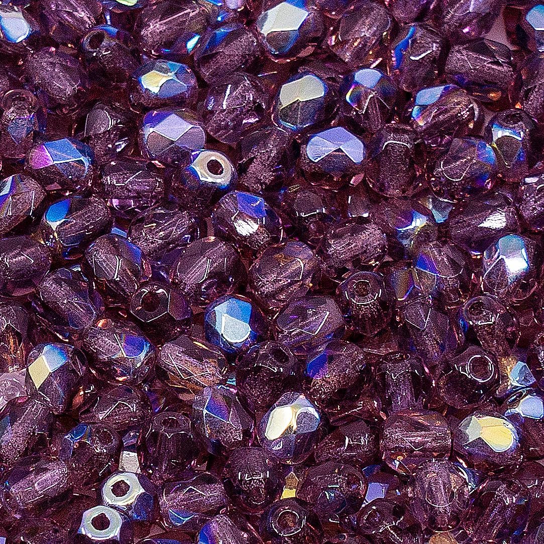 1.8 oz (50g, Approx. 600pcs) of Faceted Fire Polished Pressed Czech Glass Beads 4mm (0.16in), Amethyst AB Violet Purple 20060-28701 BCV