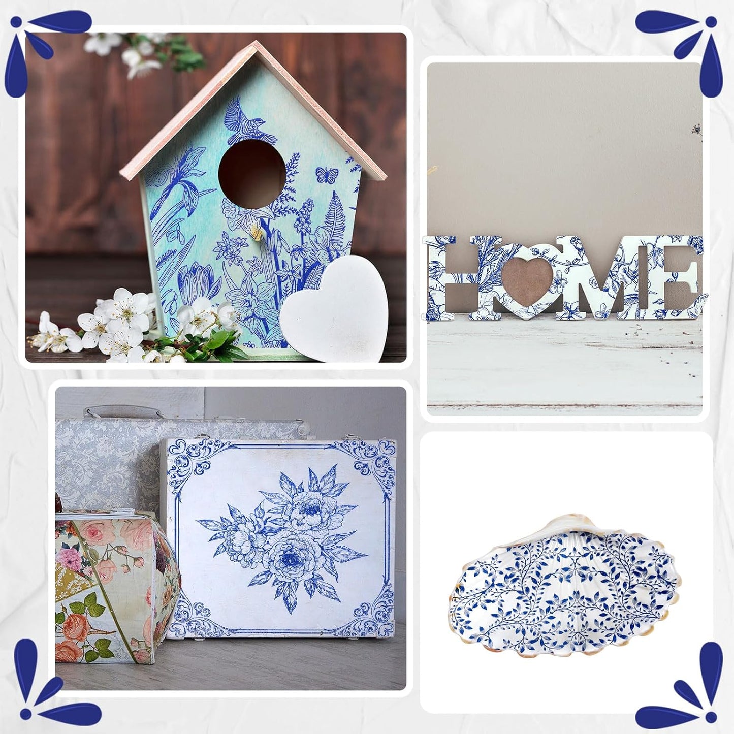 Crtiin 36 Pack 9 Styles Decoupage Napkins Assorted Floral Decorative Decoupage Napkins Chinoiserie Cocktail Paper for DIY Crafting Birthday Party, Each Unfolded 13 Inch(Blue Floral)