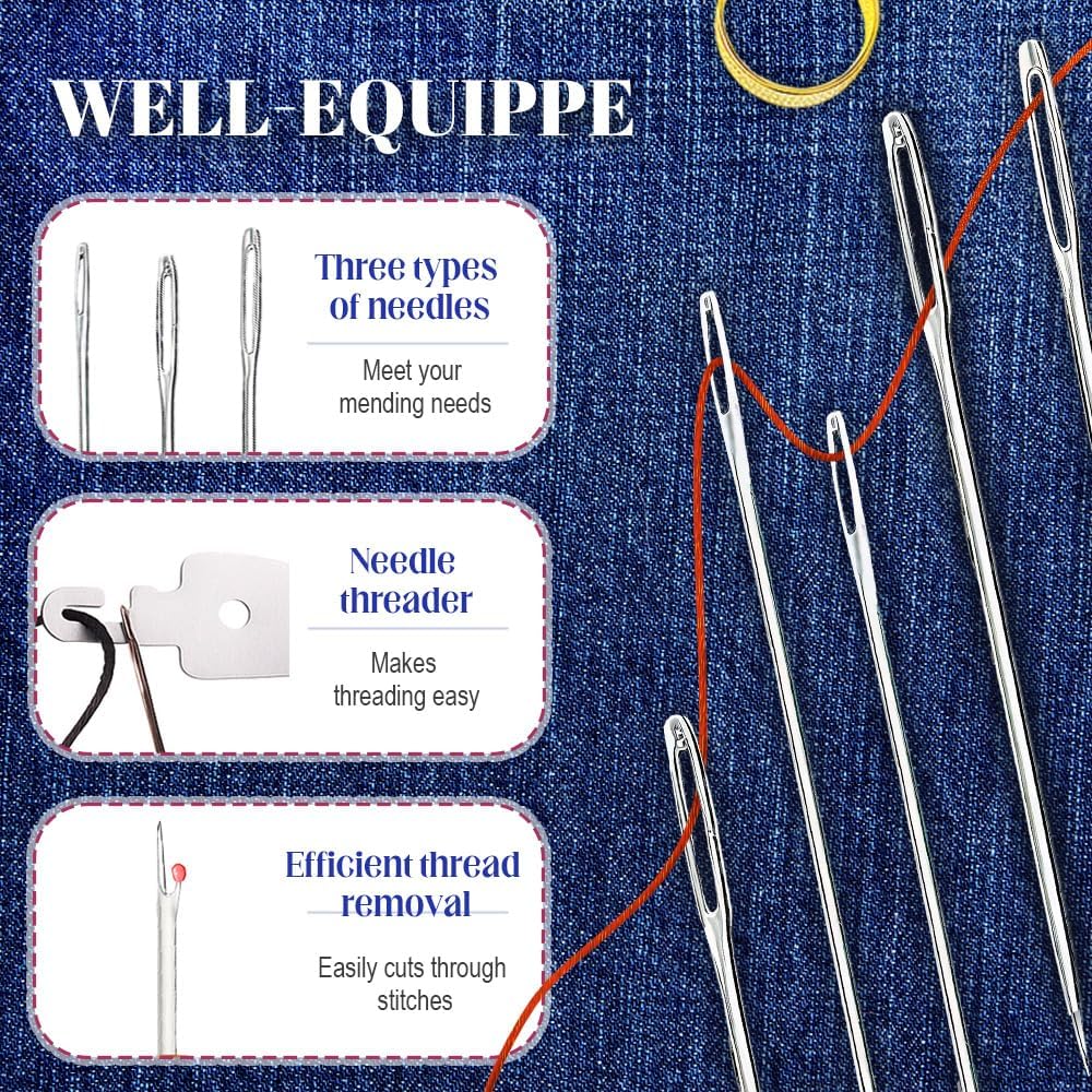 Big Eye Steel Sewing Needles Kit, 37PCS Sewing Tool Set, Portable Needle and Thread Kit for Leather Sewing DIY Craft Set, Large-Eye Stitching Needles Sewing Repair Kit for Beginners, Older