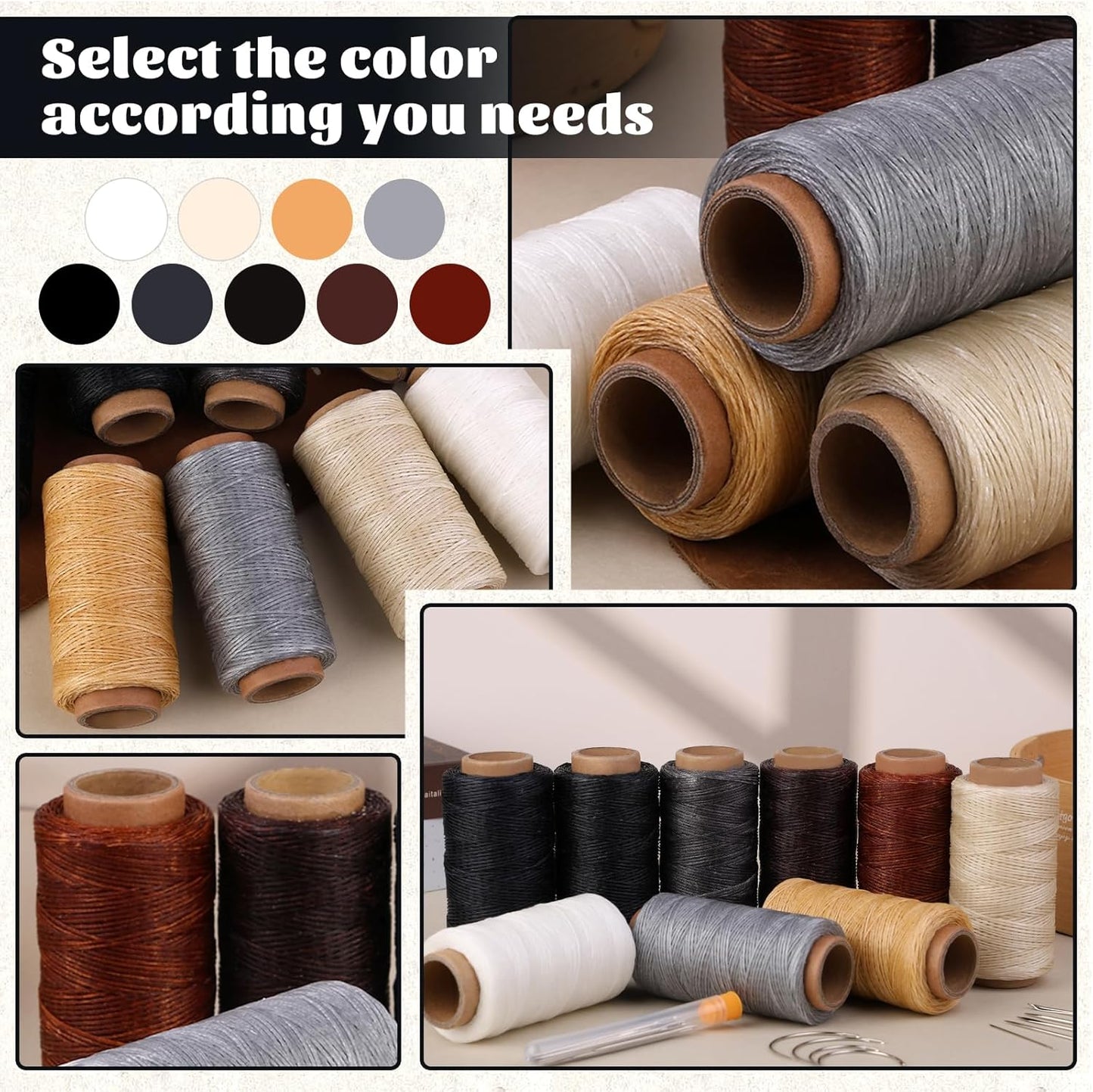 Tikjiua 492ft Upholstery Needle Threads, 164Yards Leather Waxed Thread with Curved Needles, Upholstery Repair Leather Thread and Needles for Canvas Carpet Sofa Furniture Repair