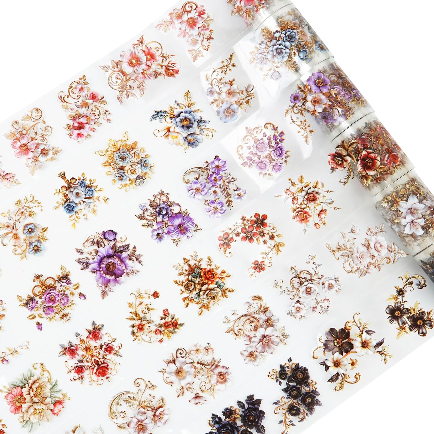 6PCS Baroque Flower PET Tape Set, Vintage Floral Pre-Cut Tapes for Journaling, Scrapbooking, and Junk Journal Ephemera, with Decorative Clip