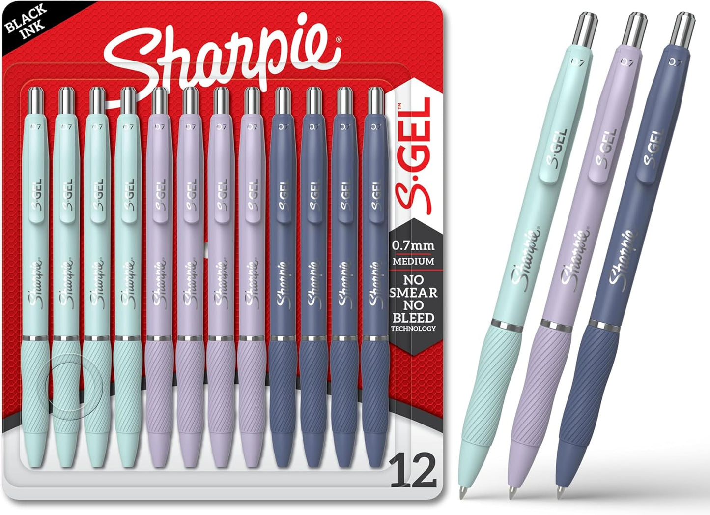 Sharpie S-Gel, Gel Pens, Medium Point (0.7mm), Assorted Fashion Barrels, Black Ink, 12 Count - Office, Teacher, School Supplies