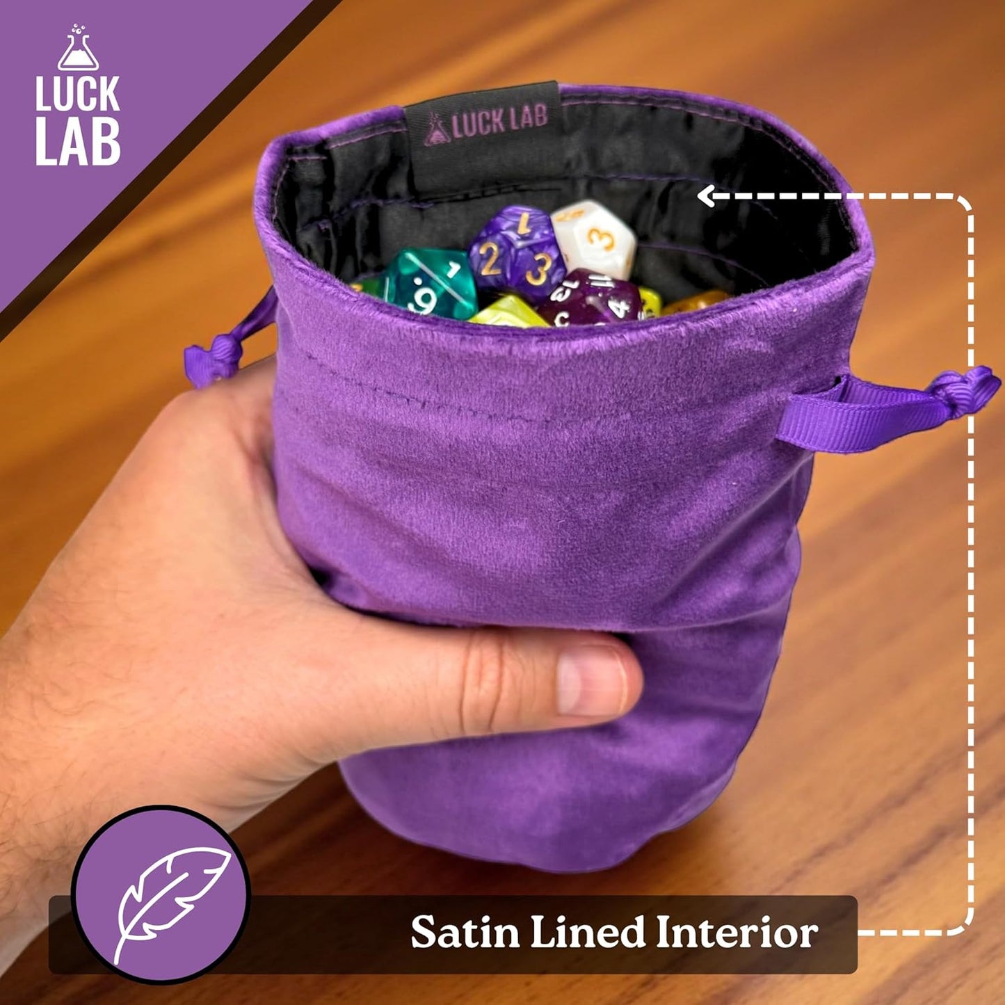 Luck Lab Velvet Drawstring Dice Bag - Set of Three Colors - Dungeons and Dragons Fabric/Standing Cotton Fabric Dice Bags/D&D Dice Pouch/Small Pouch/Velvet Jewelry Bag (Purple, Black, Grey)