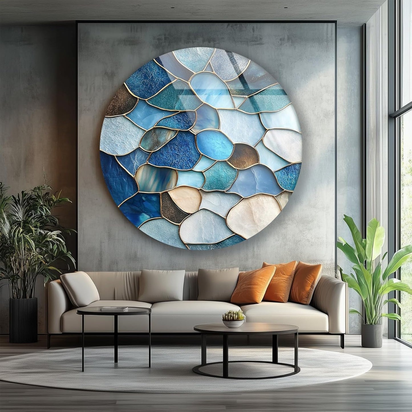 My Photostation.com 39,4''(100cm) Diameter Coastal Blue Stone Mosaic Round Glass Wall Art Tempered Glass Printing Wall Decor Large Wall Art Wall Hangings