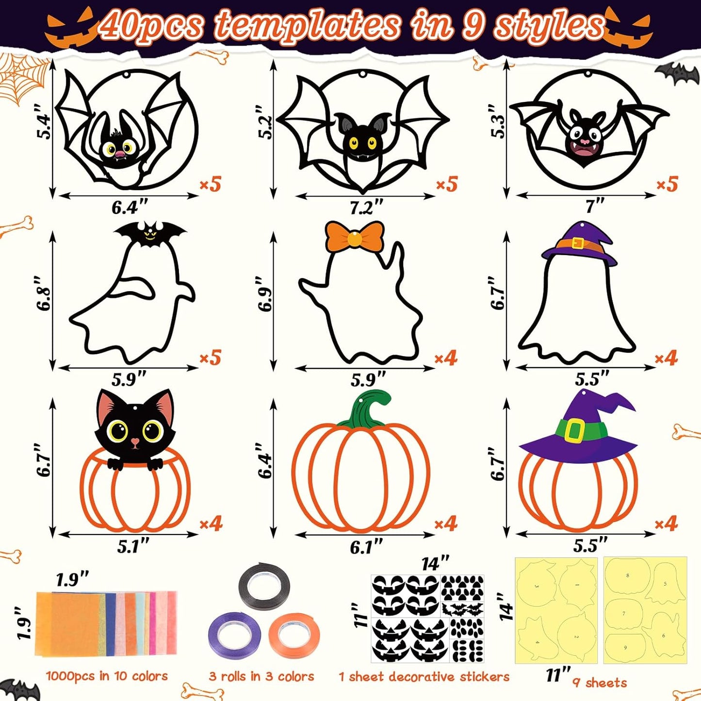 Renbuzhu 40PCS Halloweens Crafts Bulk: Ghosts Pumpkins Paper Suncatchers DIY Kit Party Activities Decorations, Window Stained Glass Effect Art Supplies