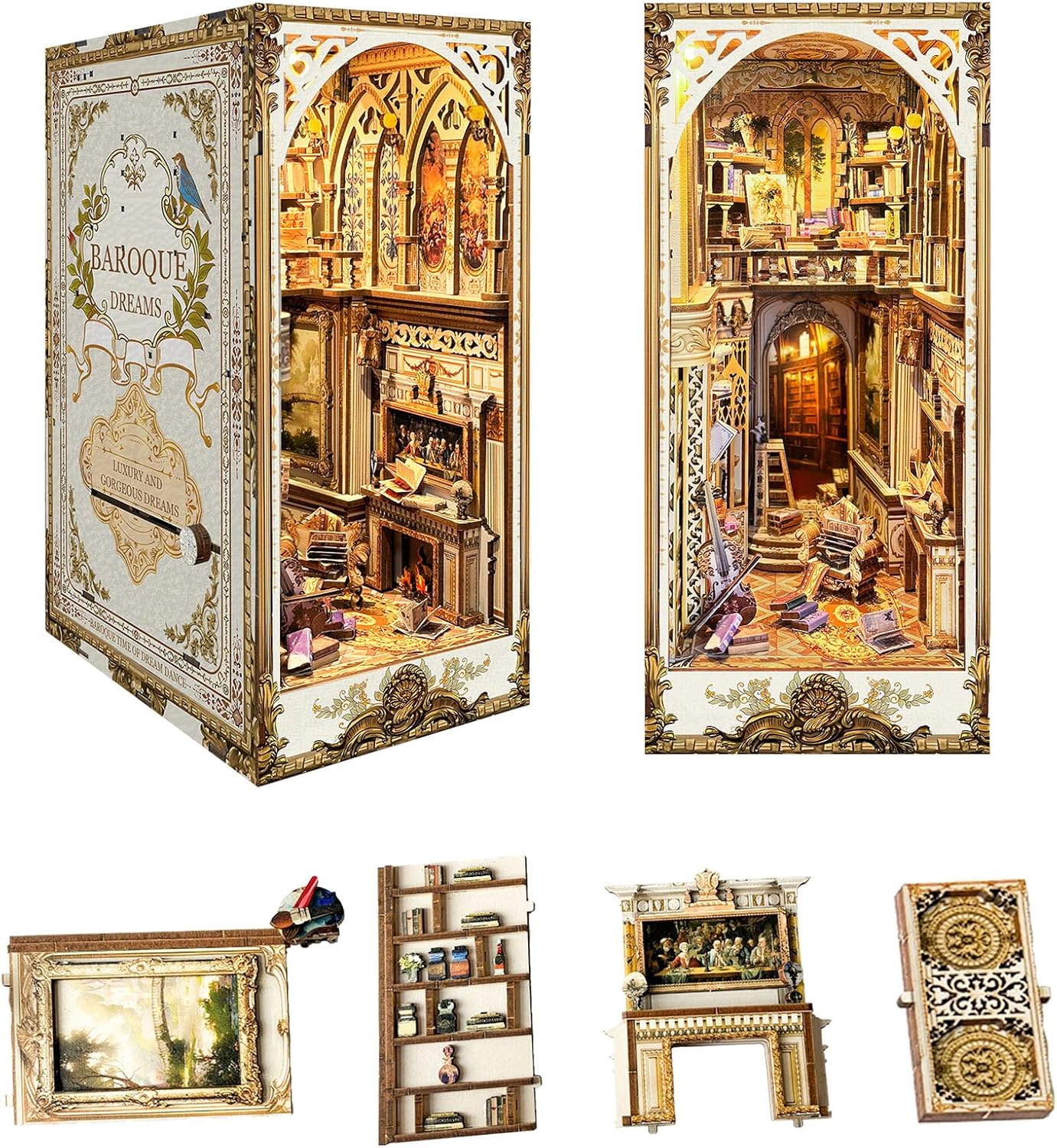 Book Nook Kit, DIY Miniature Dollhouse Kit Book Nook, 3D Wooden Puzzle Bookends for Bookshelf Insert Decor with LED Light for Teens and Adults (Baroque Dreams)