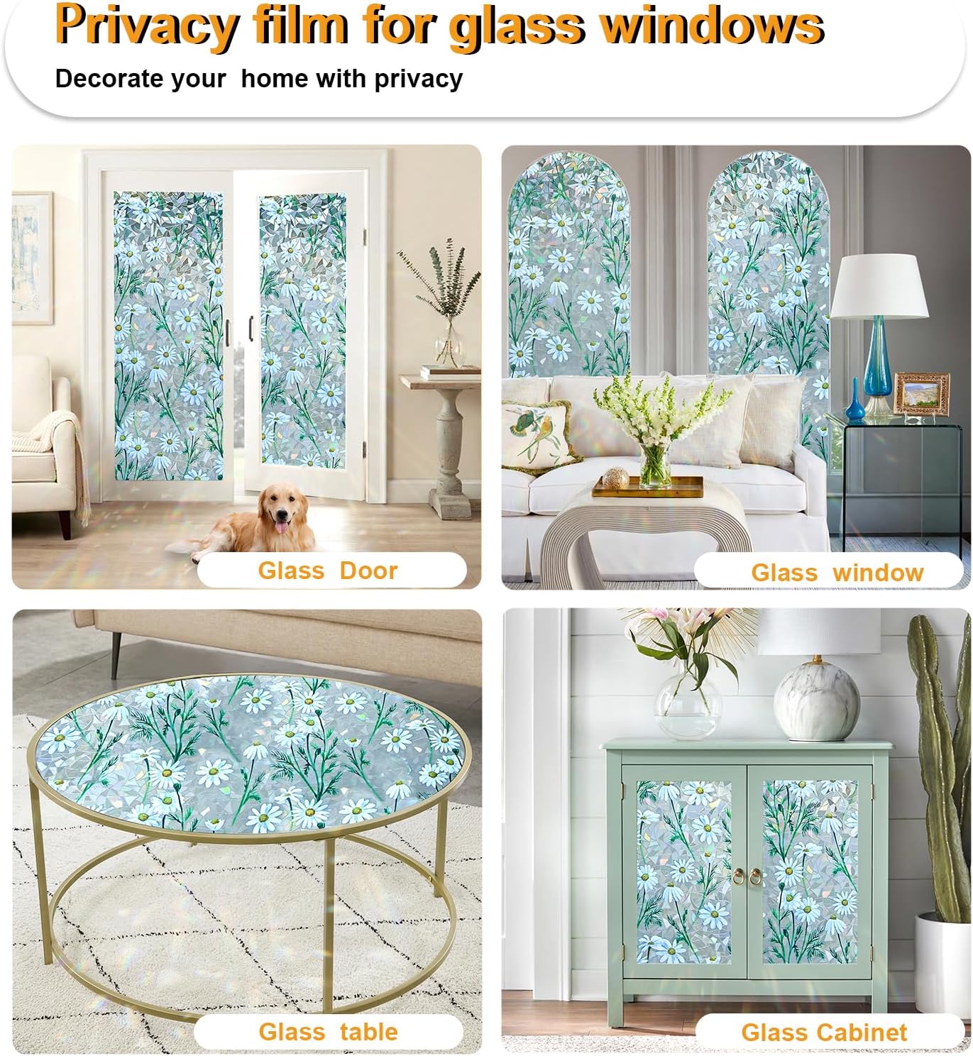 Window Privacy Film Stain Glass Window Film Rainbow Window Film Window clings Non-Adhesive Reusable Decorative for Room (Daisy Rainbow, 35.4 x 78.7 in)