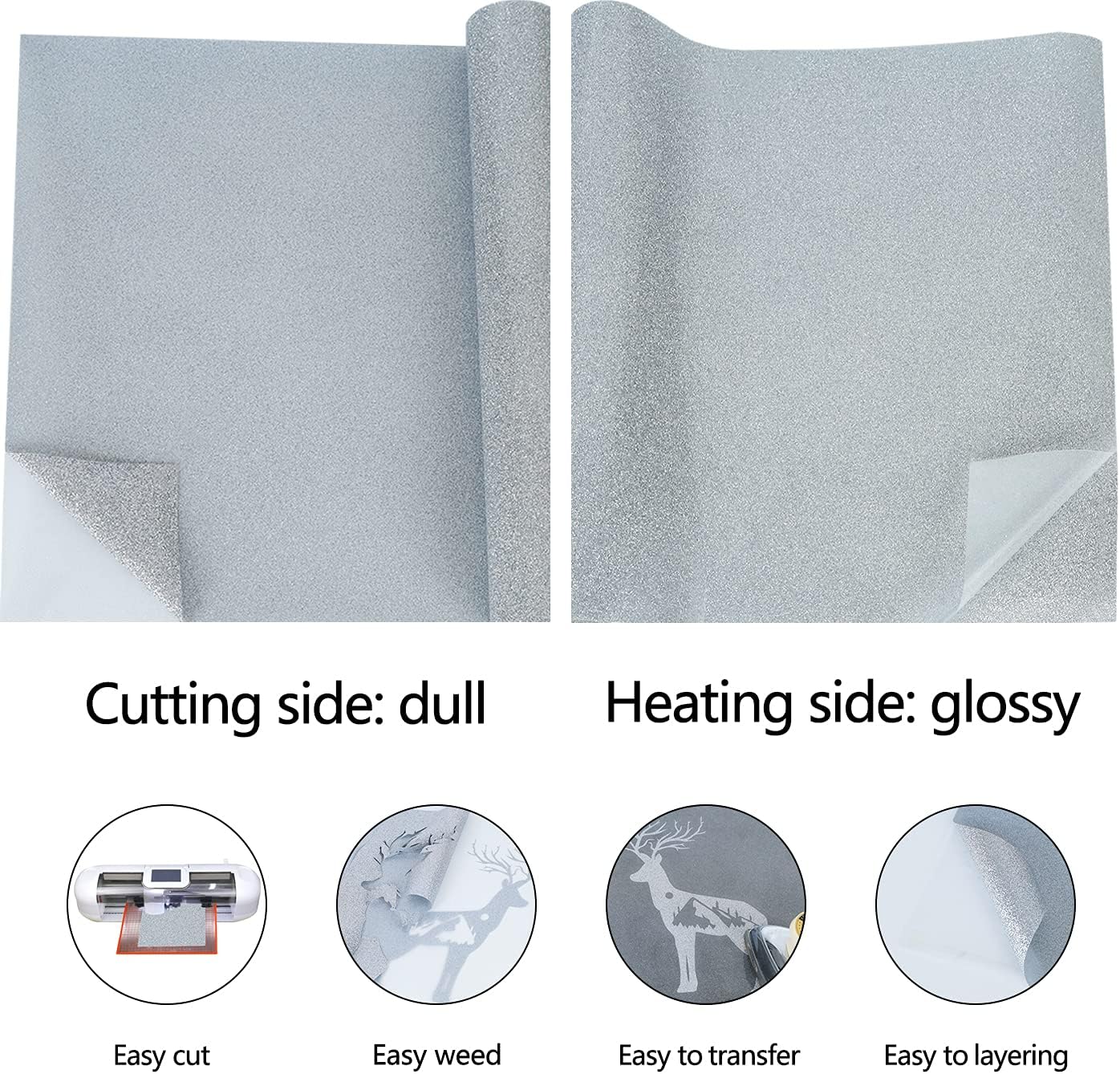 guangyintong Glitter Silver Heat Transfer Vinyl HTV Rolls, 12" x 8ft Iron on Vinyl for T-Shirts Glitter Silver HTV Vinyl for All Cutter Machines Easy to Cut & Weed for Heat Vinyl Design