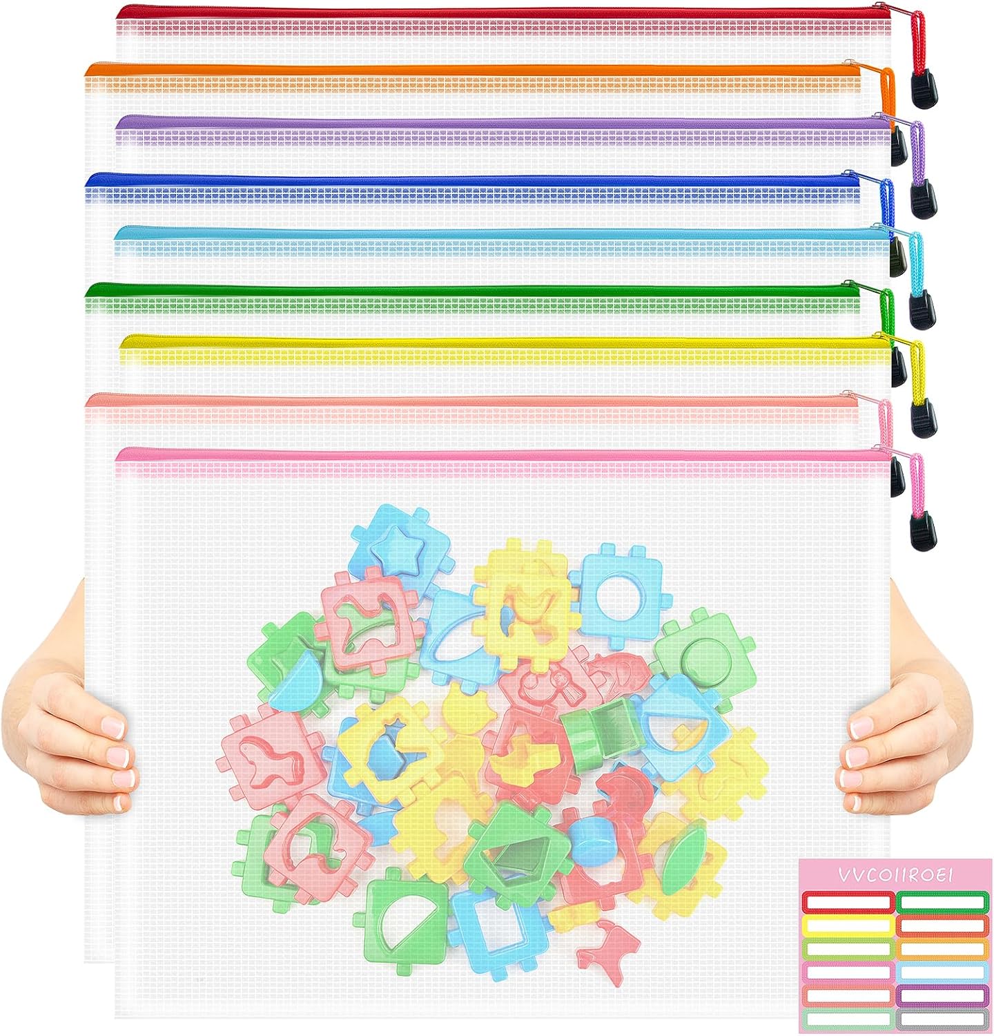 9pcs Mesh Zipper Pouch Bags, A3 Sizes, 9 Colors, Board Game Storage, Travel, School, Office Organize