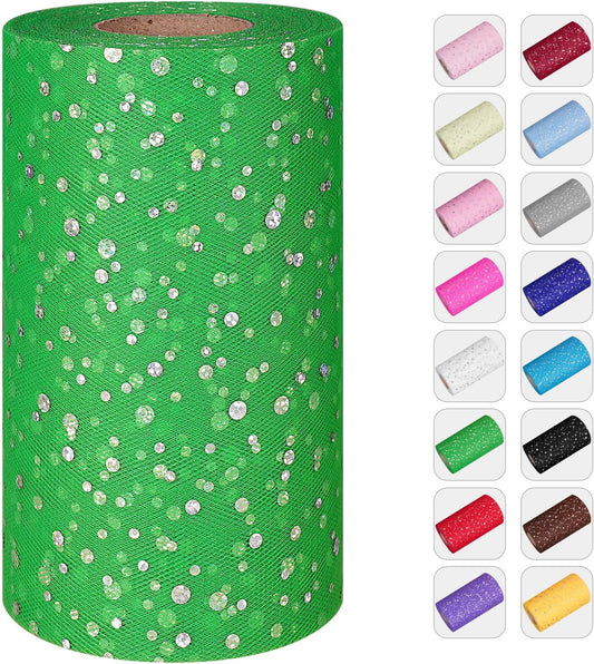 Glitter Tulle Rolls, 6' by 50 Yards (150FT) Sequin Tulle Netting Fabric for Tutu Skirts Sewing Birthday Wedding Party Decoration (Green)