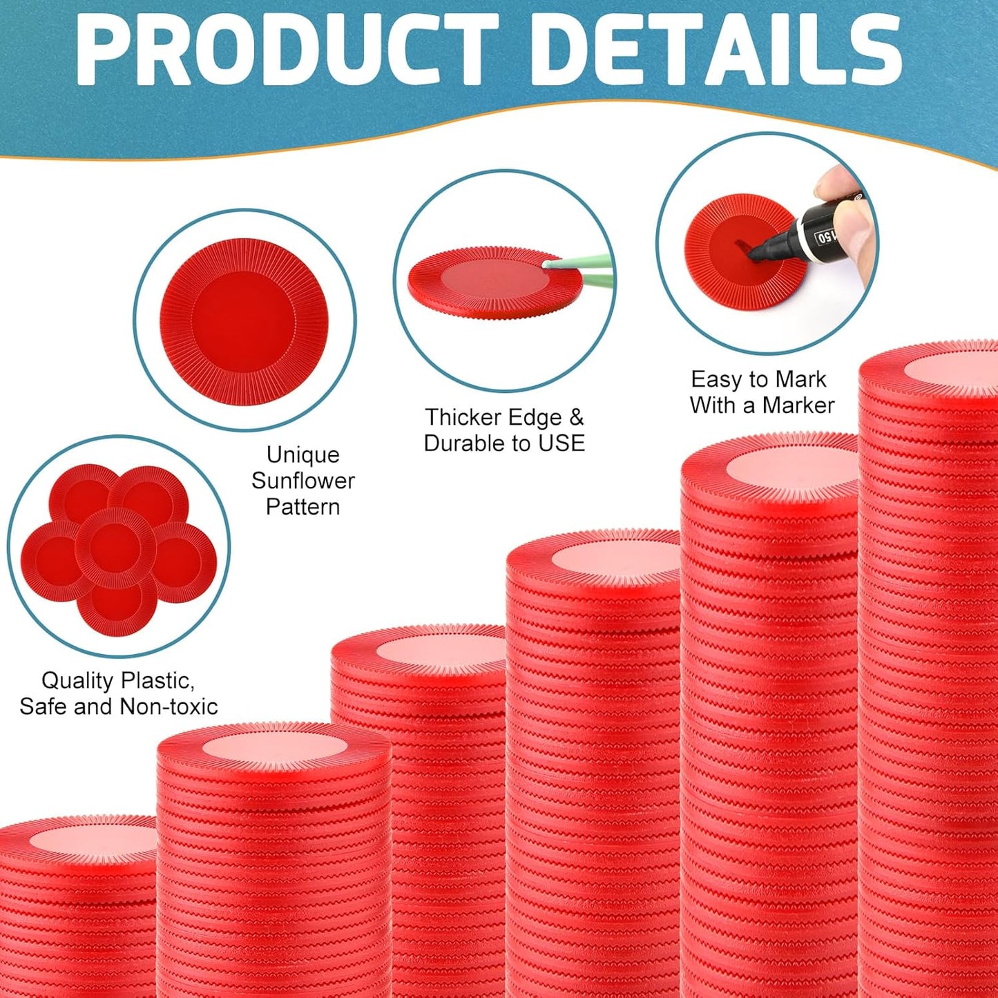 Coopay 1000 Pieces Plastic Poker Chips, Bingo Chips Bulk Learning Counters Disks Poker Card Game, Counting Markers for Math Practice, Game Tokens and Teaching Rewards, 25 mm/ 1 Inch (Red)