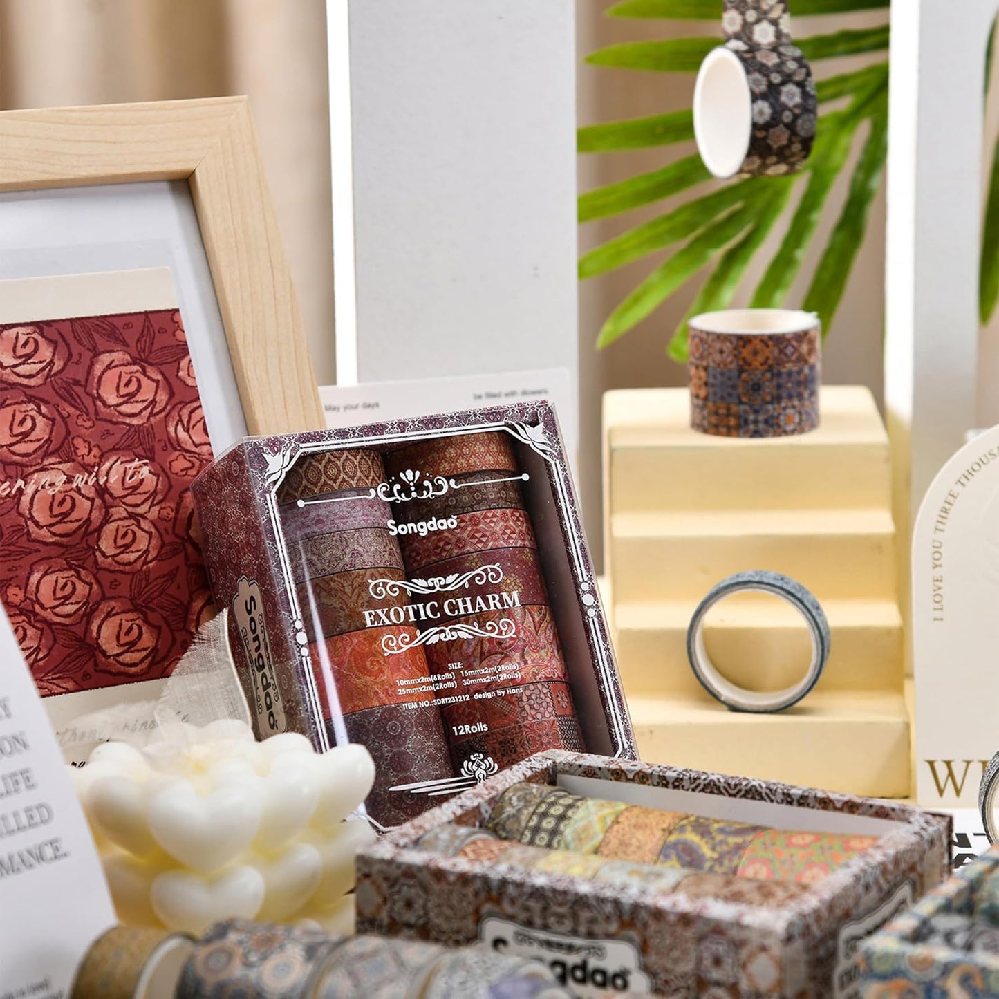 12 Rolls Exotic Charm Washi Tape Set Floral Arts Adhesive Tapes Geometric Garden Decorative Masking Tape Sets for Craft, Kids, Scrapbook, DIY, Gift Wrapping (Crimson Cliff)