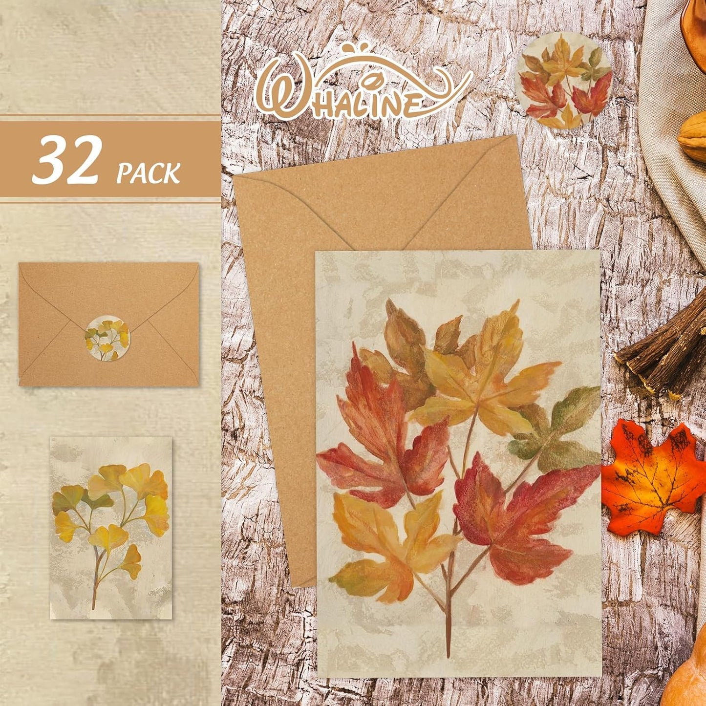 Whaline 32 Pack Fall Greeting Cards Retro Autumn Leaves Note Cards with Envelopes Stickers for Thanksgiving Harvest Wedding Birthday Baby Shower