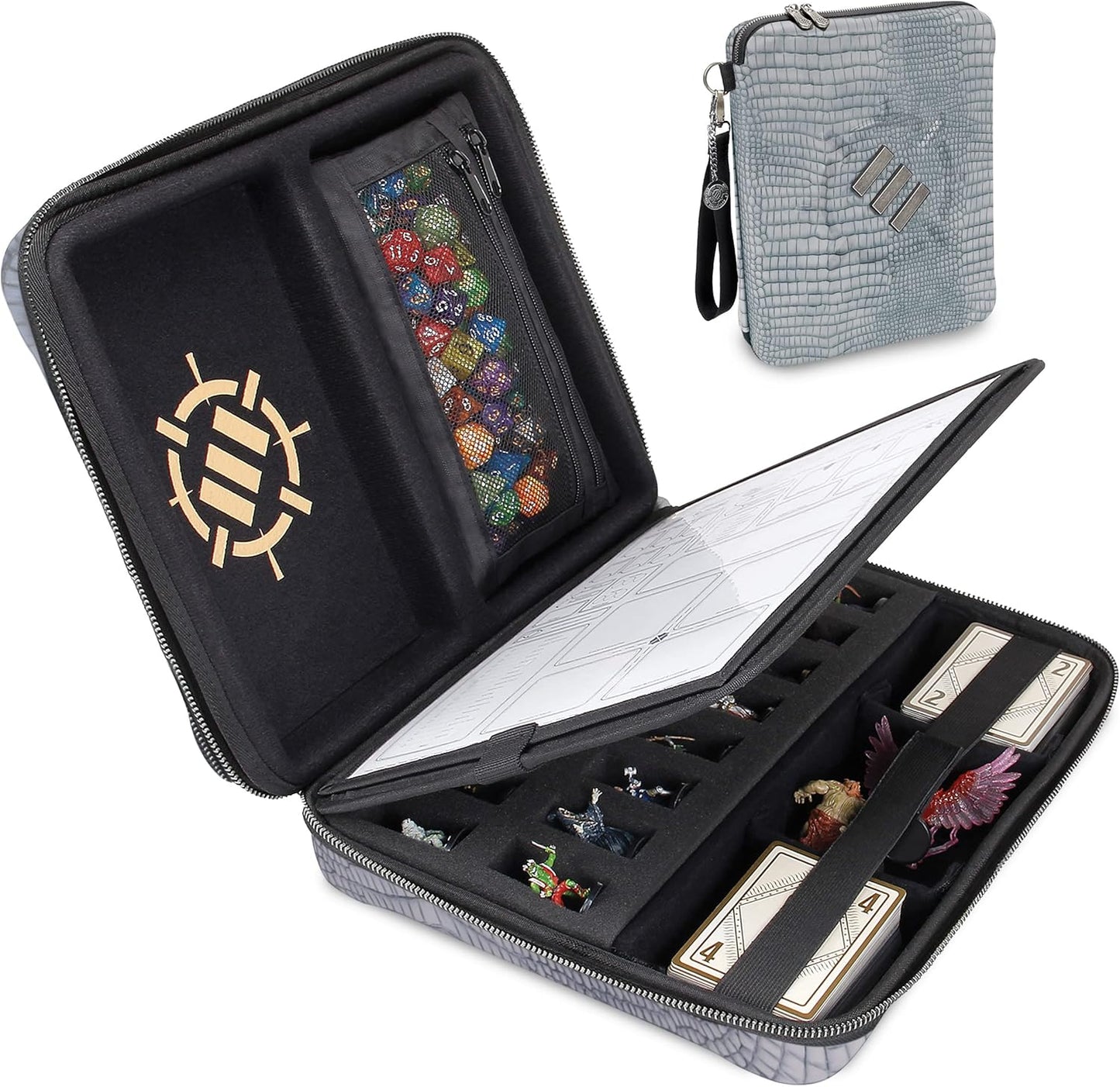 ENHANCE RPG Organizer Case - DnD Binder with Built-in Character Sheet Holder and Erasable Scribe Panel, Dice Rolling Area, Removable Pen Pouch, Miniature Foam Tray, Wrist Strap