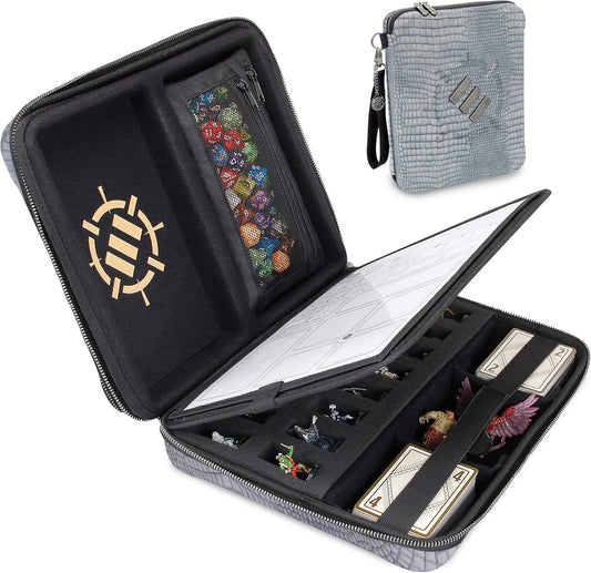 ENHANCE RPG Organizer Case - DnD Binder with Built-in Character Sheet Holder and Erasable Scribe Panel, Dice Rolling Area, Removable Pen Pouch, Miniature Foam Tray, Wrist Strap